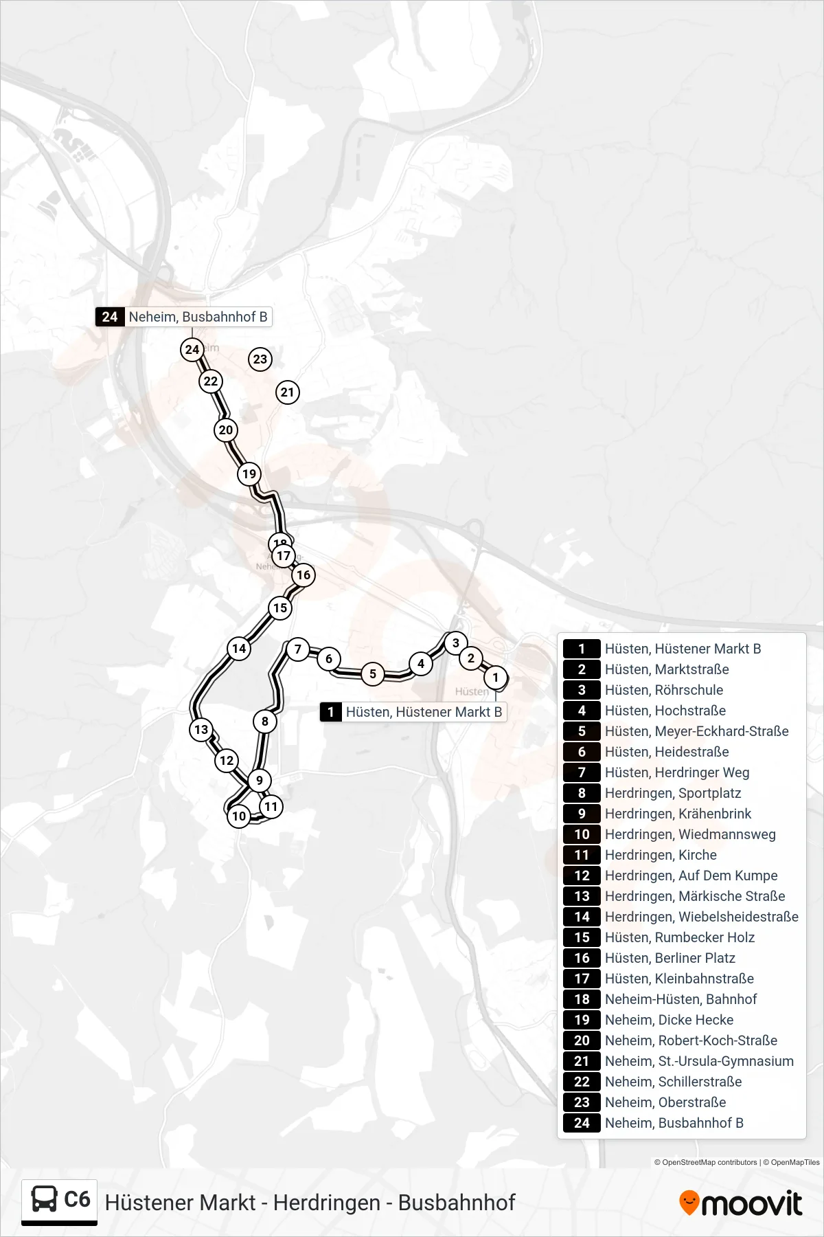 Linie C6 (Bus) Richtung Neheim, Busbahnhof B: Route und Haltestellen auf der Karte