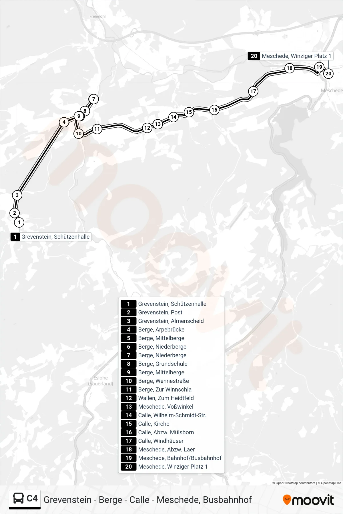 C4 bus Line (Meschede, Winziger Platz 1) route and stops on a map
