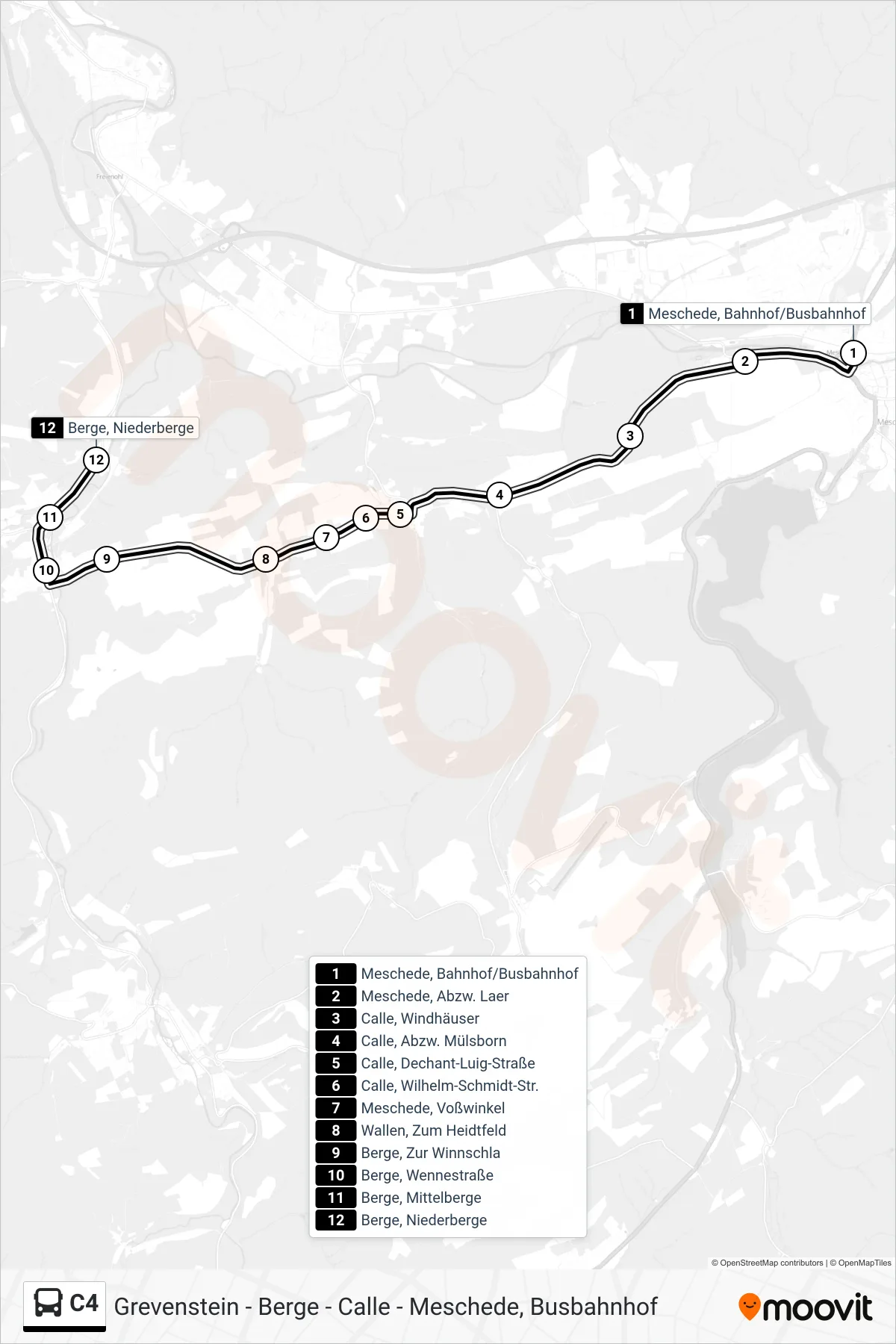 C4 bus Line (Berge, Niederberge) route and stops on a map