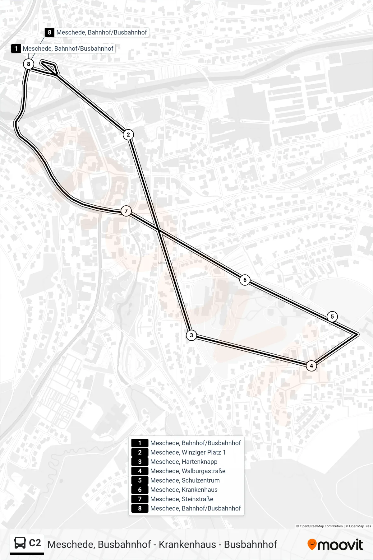 C2 bus Line (Meschede, Bahnhof/Busbahnhof 2) route and stops on a map