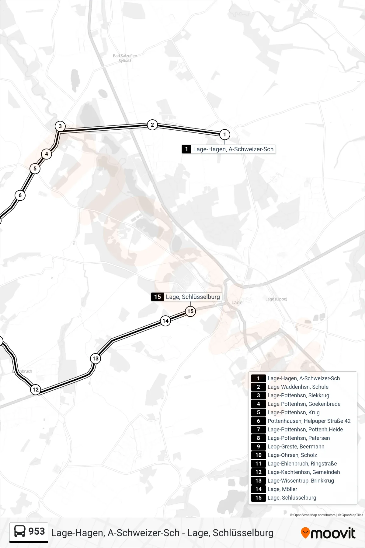 Linie 953 (Bus) Richtung Lage, Schlüsselburg: Route und Haltestellen auf der Karte