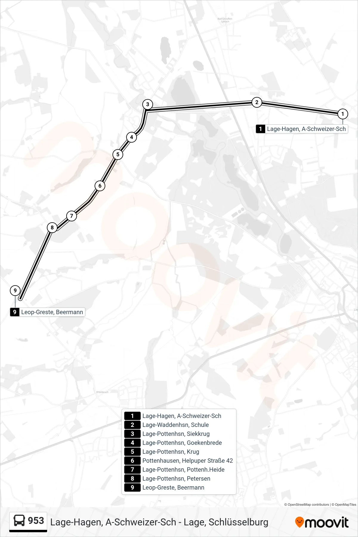 Linie 953 (Bus) Richtung Leop-Greste, Beermann: Route und Haltestellen auf der Karte