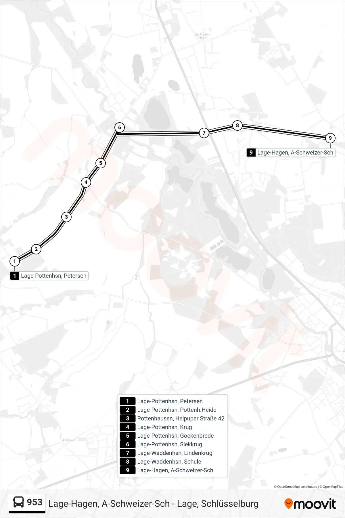 953 bus Line (Lage-Hagen, A-Schweizer-Sch) route and stops on a map
