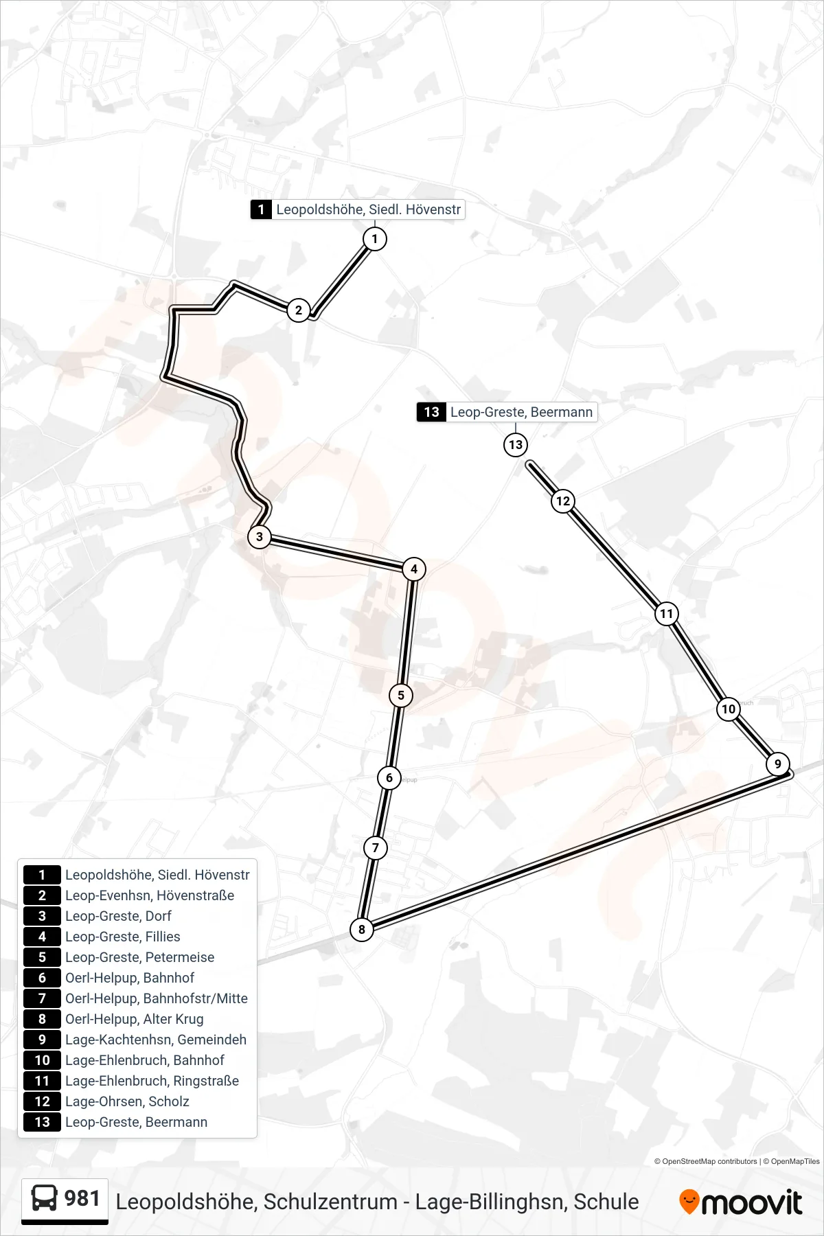Linie 981 (Bus) Richtung Leop-Greste, Beermann: Route und Haltestellen auf der Karte