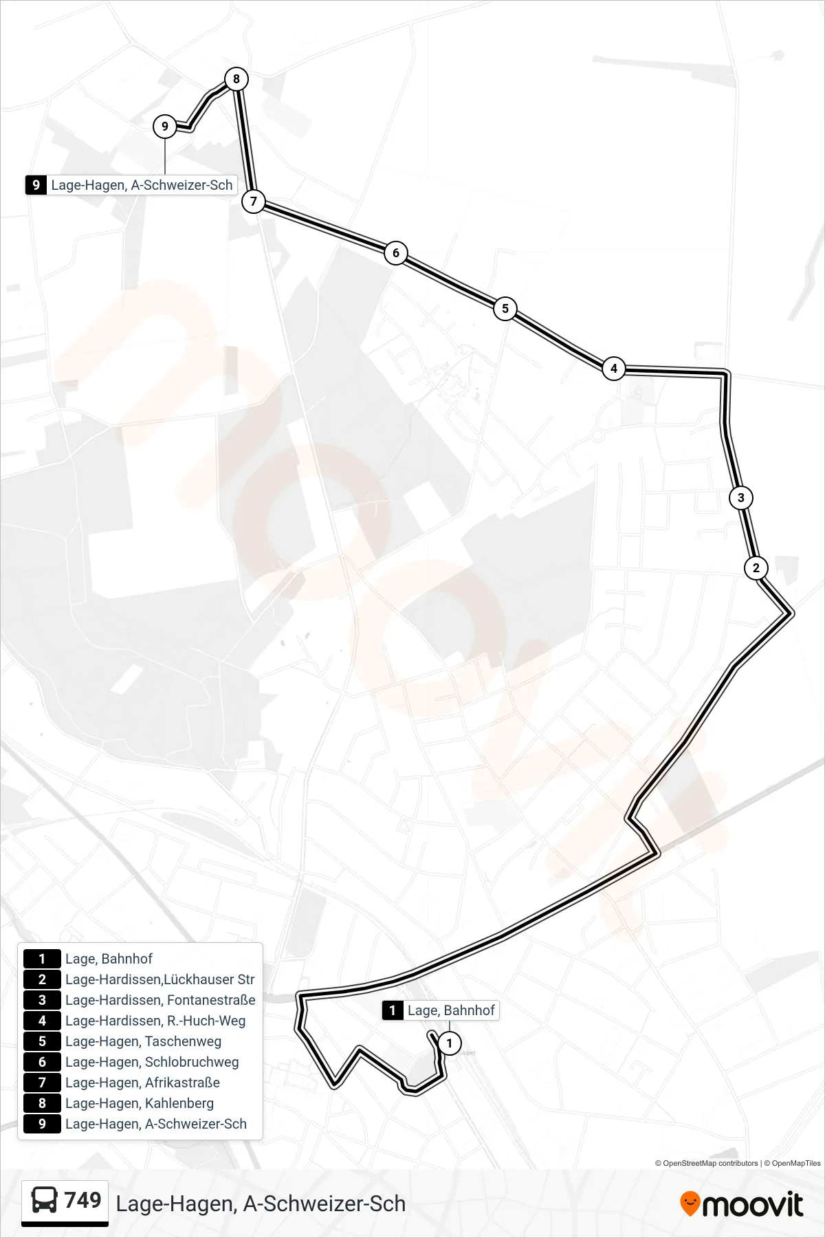 Linie 749 (Bus) Richtung Lage-Hagen, A-Schweizer-Sch: Route und Haltestellen auf der Karte