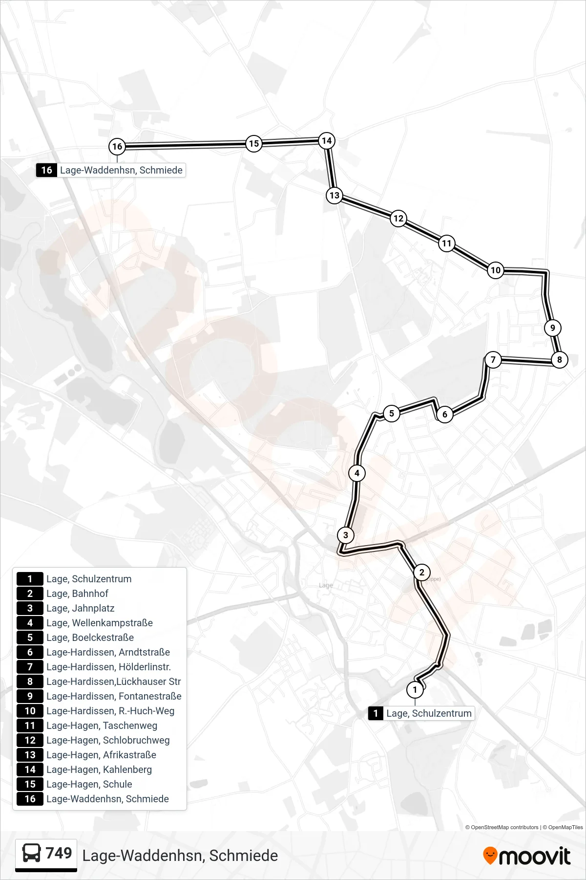 Linie 749 (Bus) Richtung Lage-Waddenhsn, Schmiede: Route und Haltestellen auf der Karte
