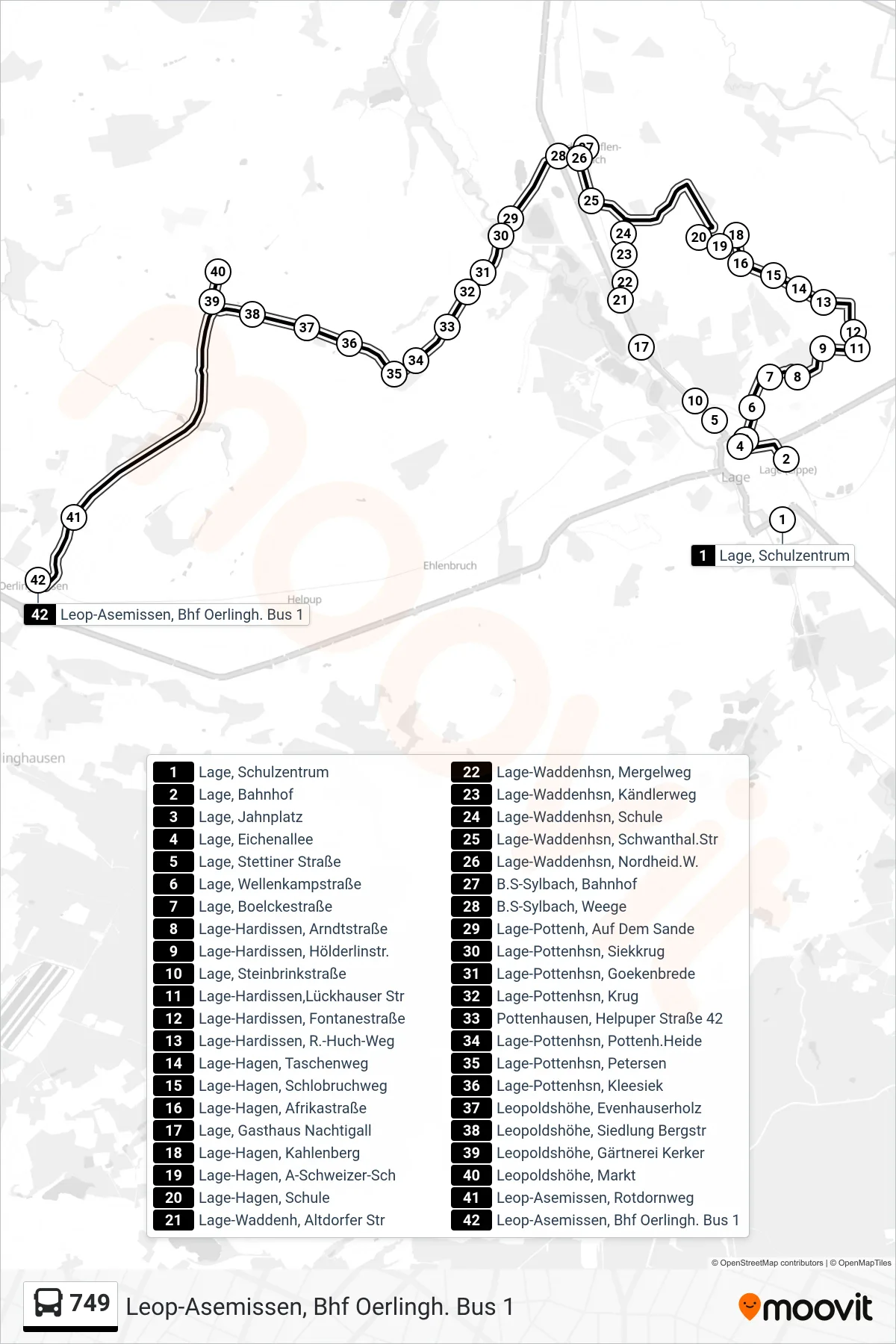 Linie 749 (Bus) Richtung Leop-Asemissen, Bhf Oerlingh. Bus 1: Route und Haltestellen auf der Karte