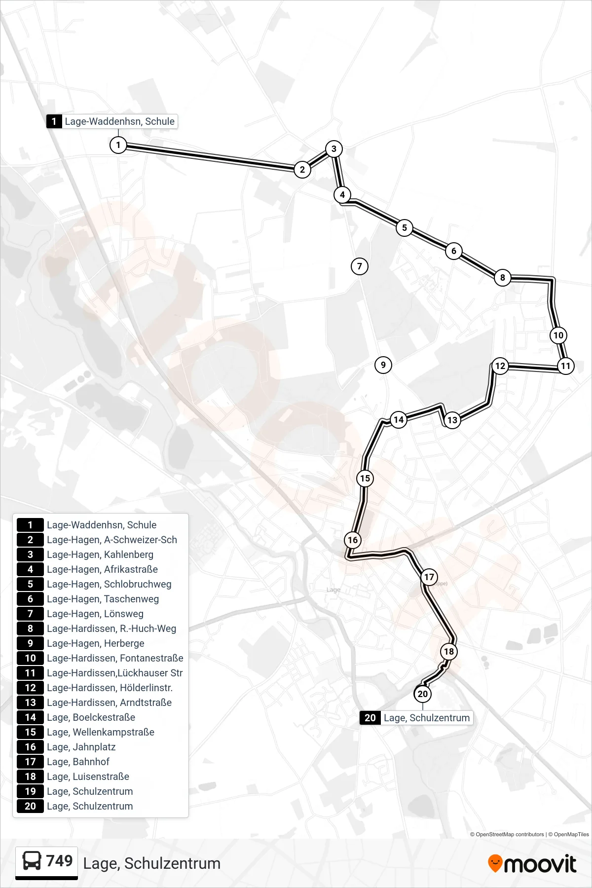 749 bus Line (Lage, Schulzentrum) route and stops on a map