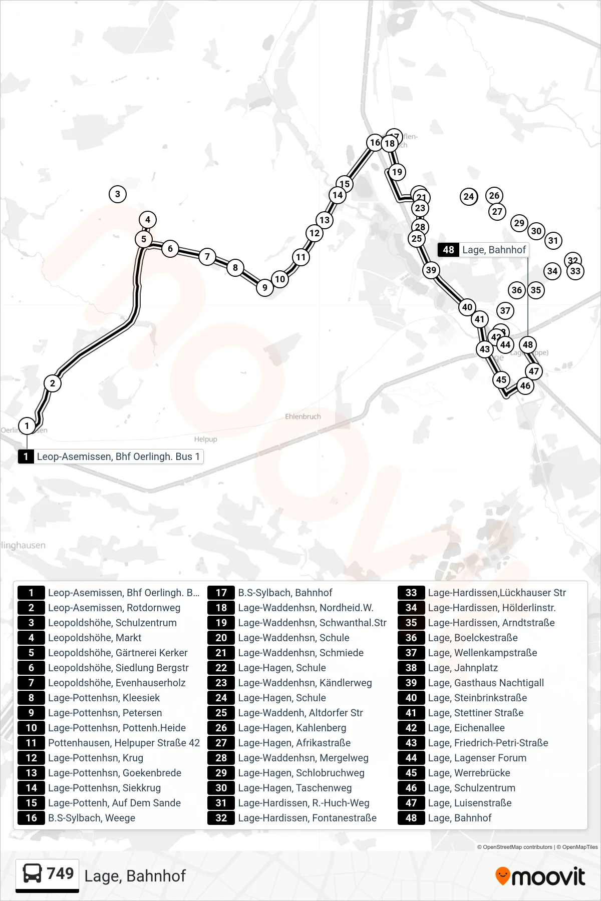 749 bus Line (Lage, Bahnhof) route and stops on a map