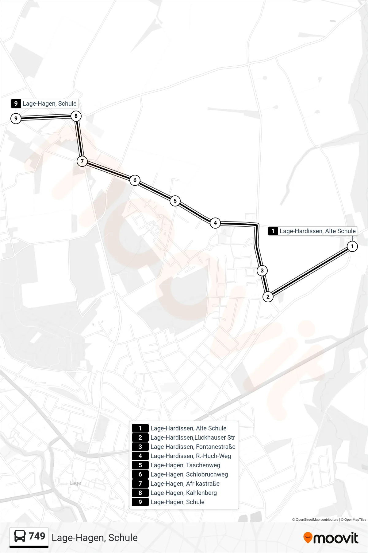 749 bus Line (Lage-Hagen, Schule) route and stops on a map