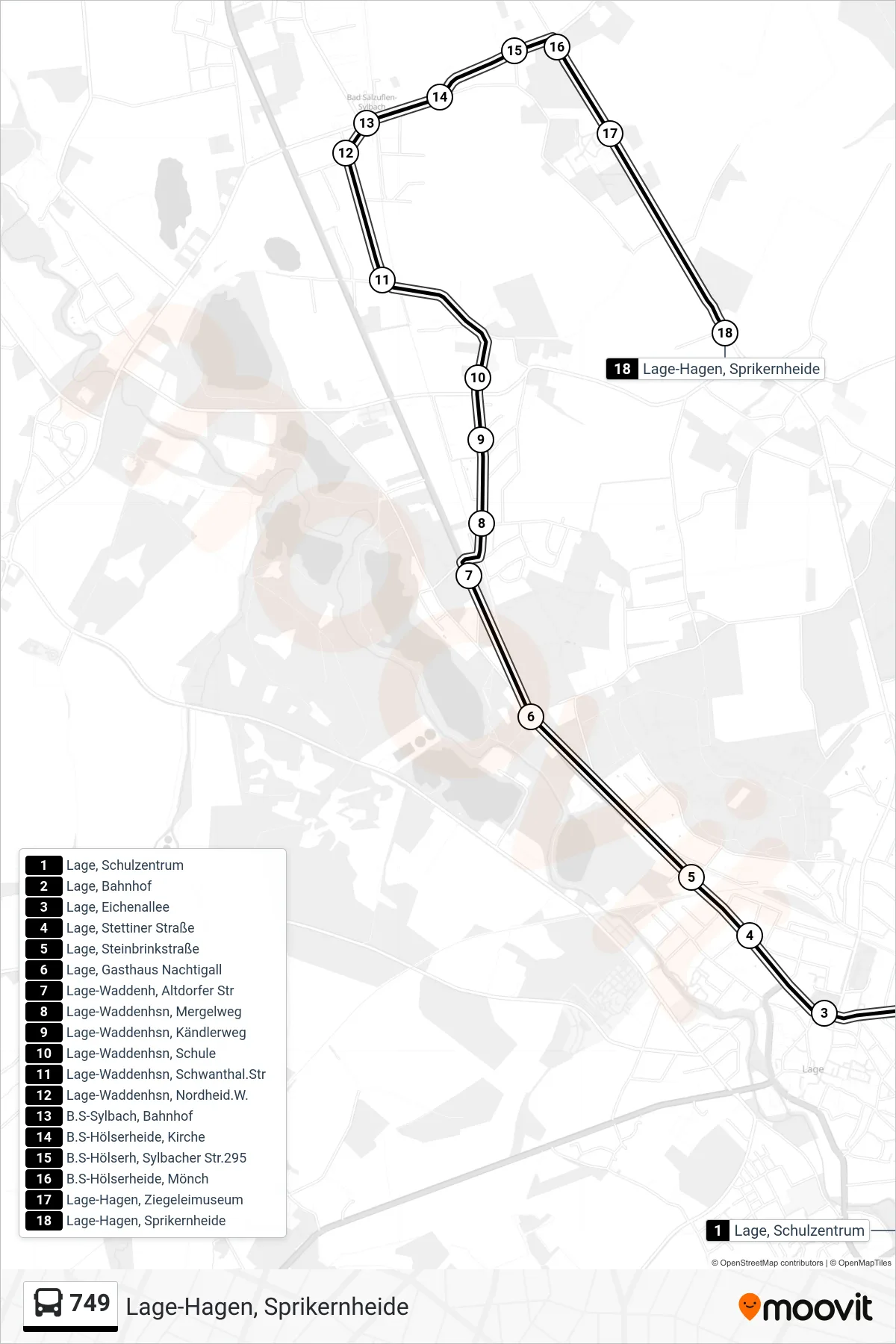 Linie 749 (Bus) Richtung Lage-Hagen, Sprikernheide: Route und Haltestellen auf der Karte