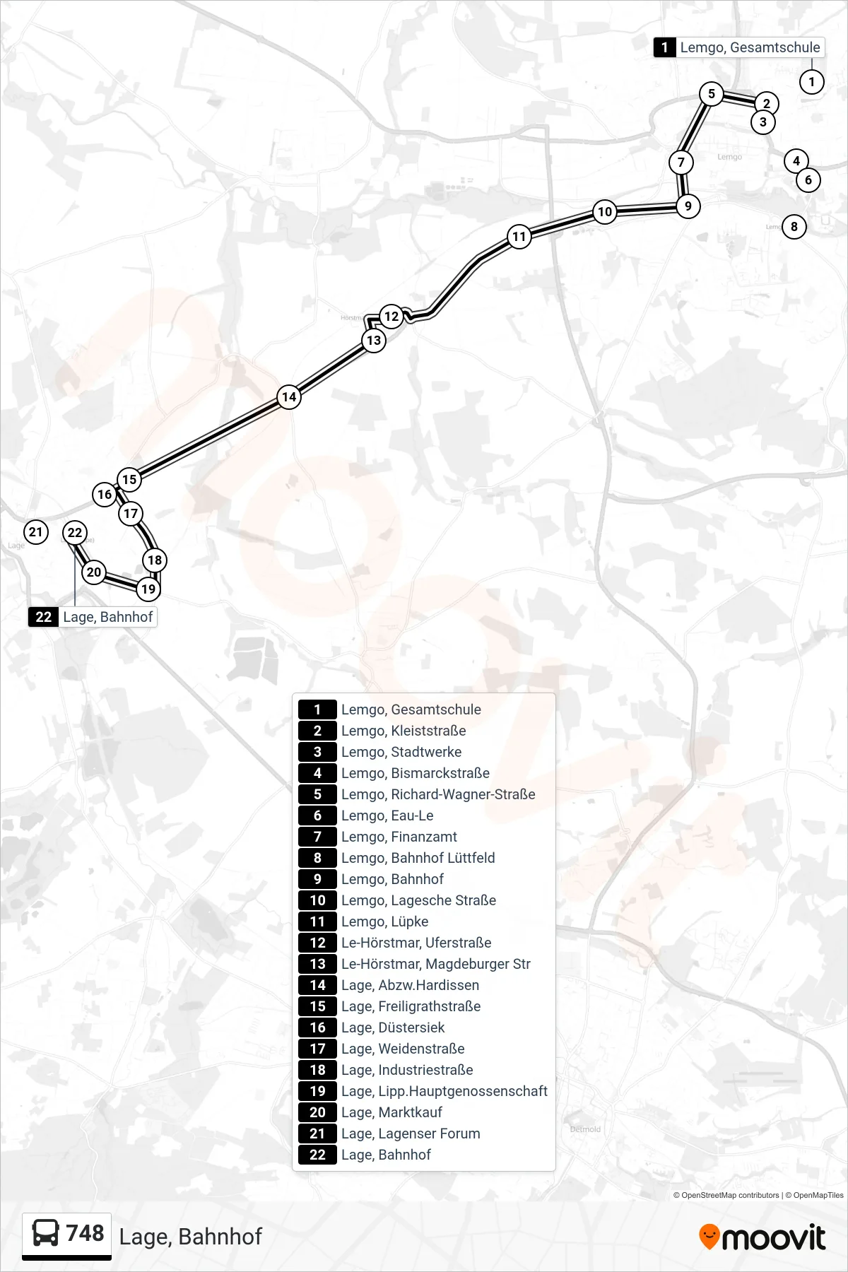 Linie 748 (Bus) Richtung Lage, Bahnhof: Route und Haltestellen auf der Karte