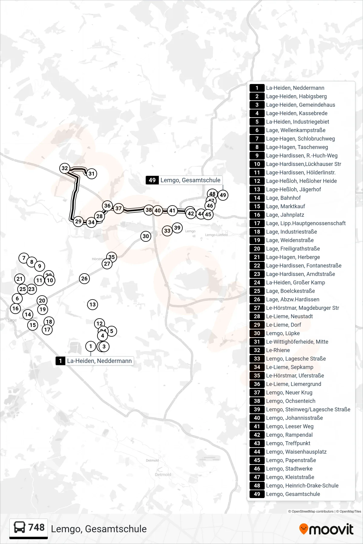 748 bus Line (Lemgo, Gesamtschule) route and stops on a map