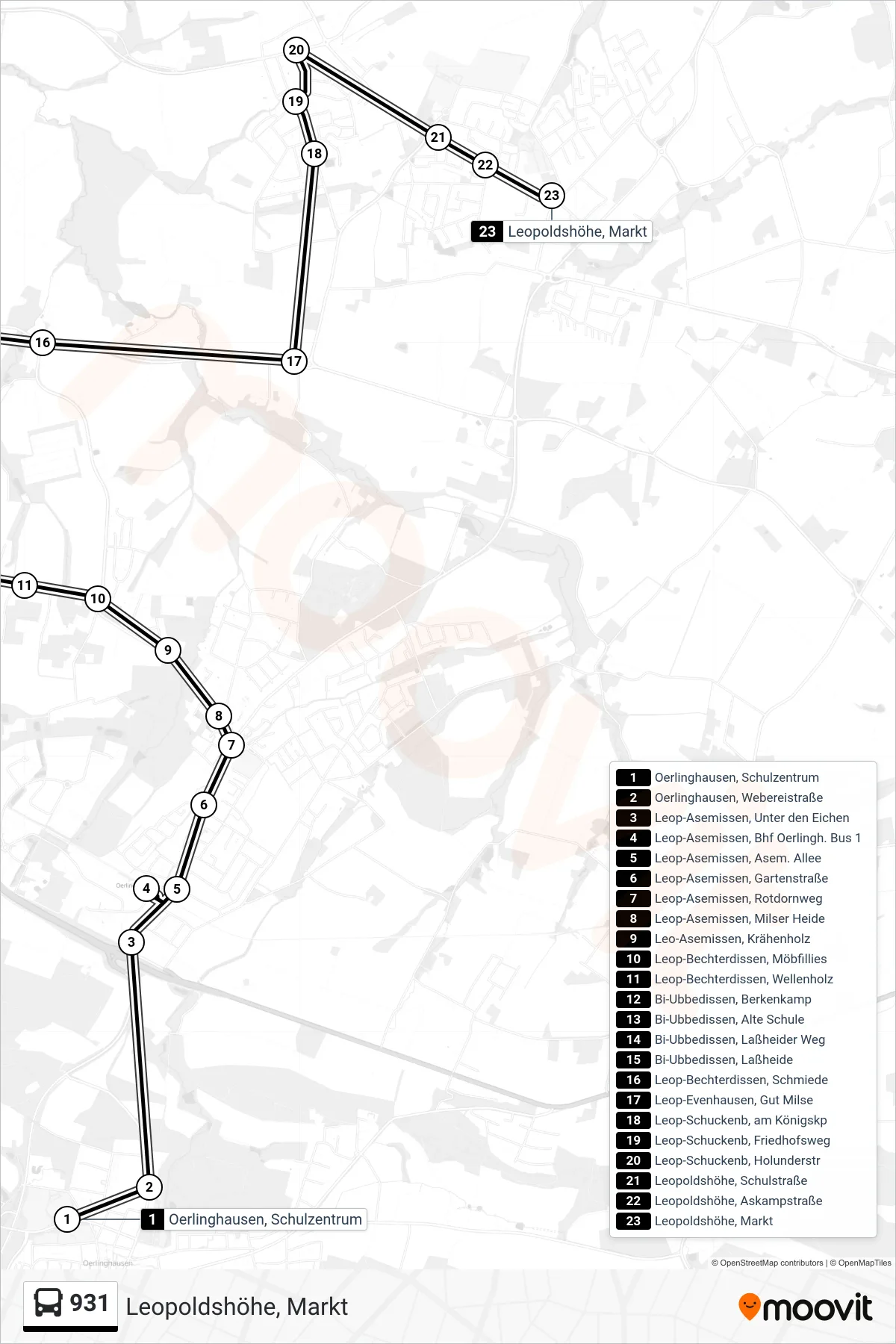 931 bus Line (Leopoldshöhe, Markt) route and stops on a map