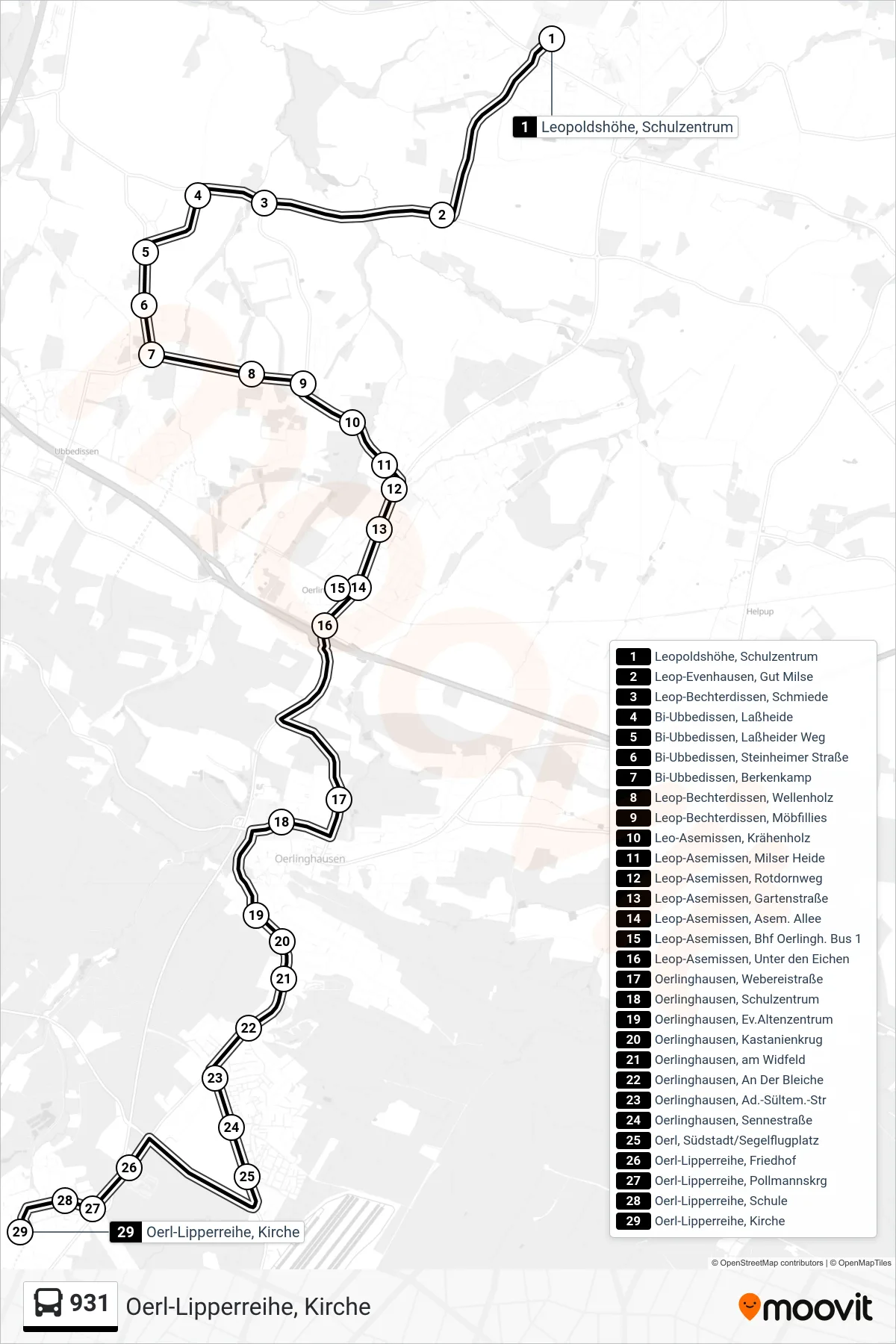 931 bus Line (Oerl-Lipperreihe, Kirche) route and stops on a map