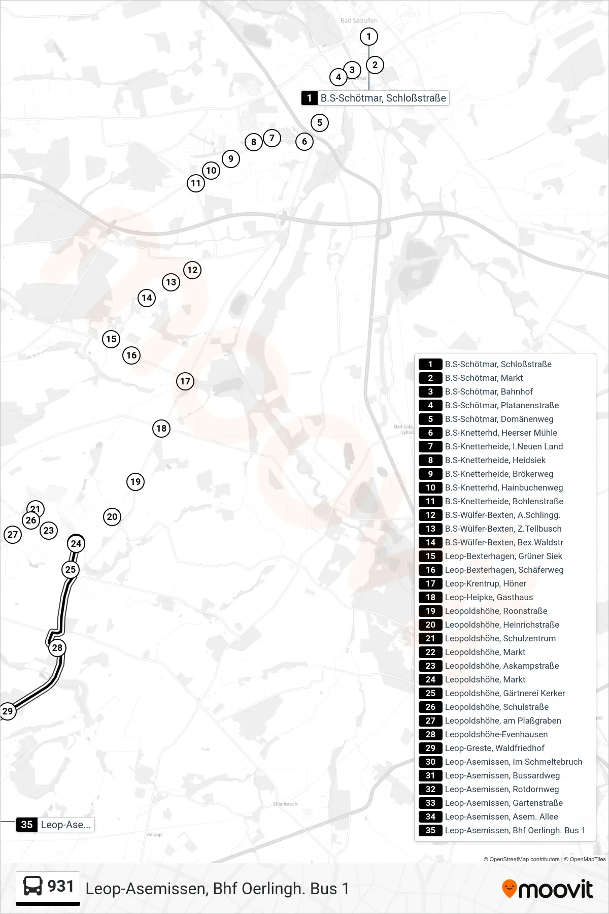 Linie 931 (Bus) Richtung Leop-Asemissen, Bhf Oerlingh. Bus 1: Route und Haltestellen auf der Karte