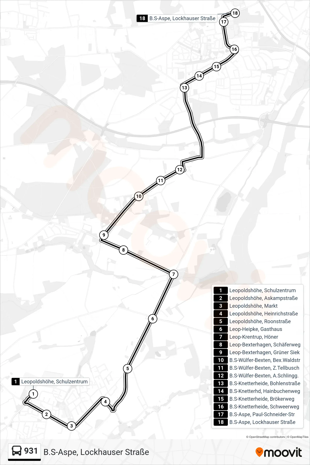 931 bus Line (B.S-Aspe, Lockhauser Straße) route and stops on a map