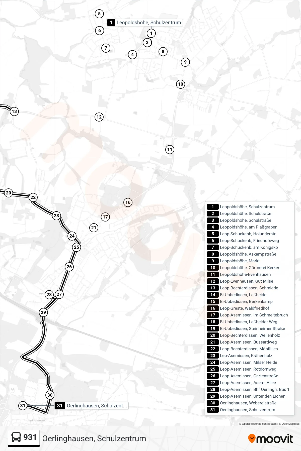 Linie 931 (Bus) Richtung Oerlinghausen, Schulzentrum: Route und Haltestellen auf der Karte