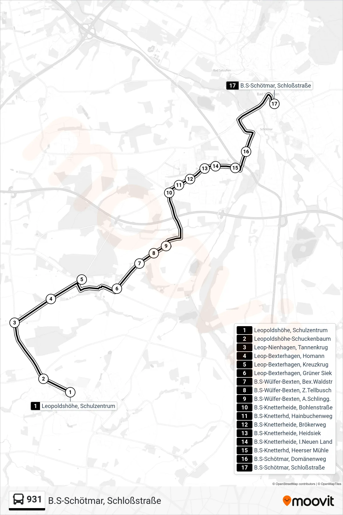 931 bus Line (B.S-Schötmar, Schloßstraße) route and stops on a map
