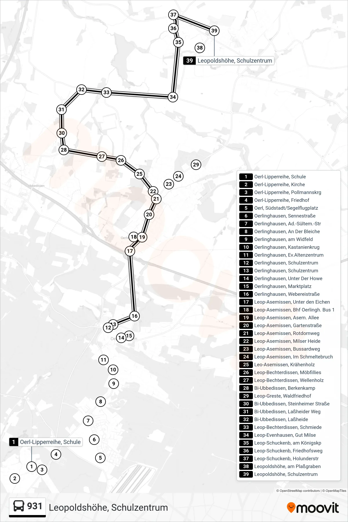 931 bus Line (Leopoldshöhe, Schulzentrum) route and stops on a map