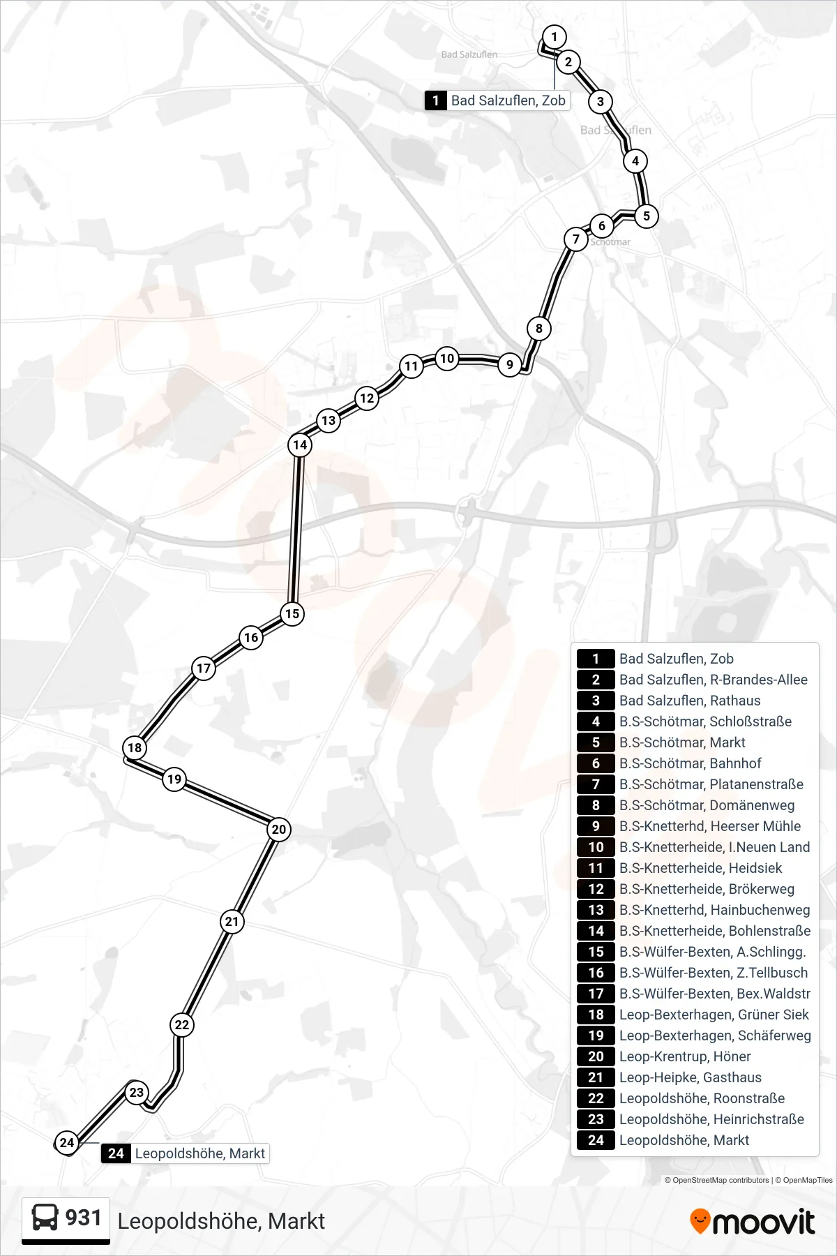 Linie 931 (Bus) Richtung Leopoldshöhe, Markt: Route und Haltestellen auf der Karte