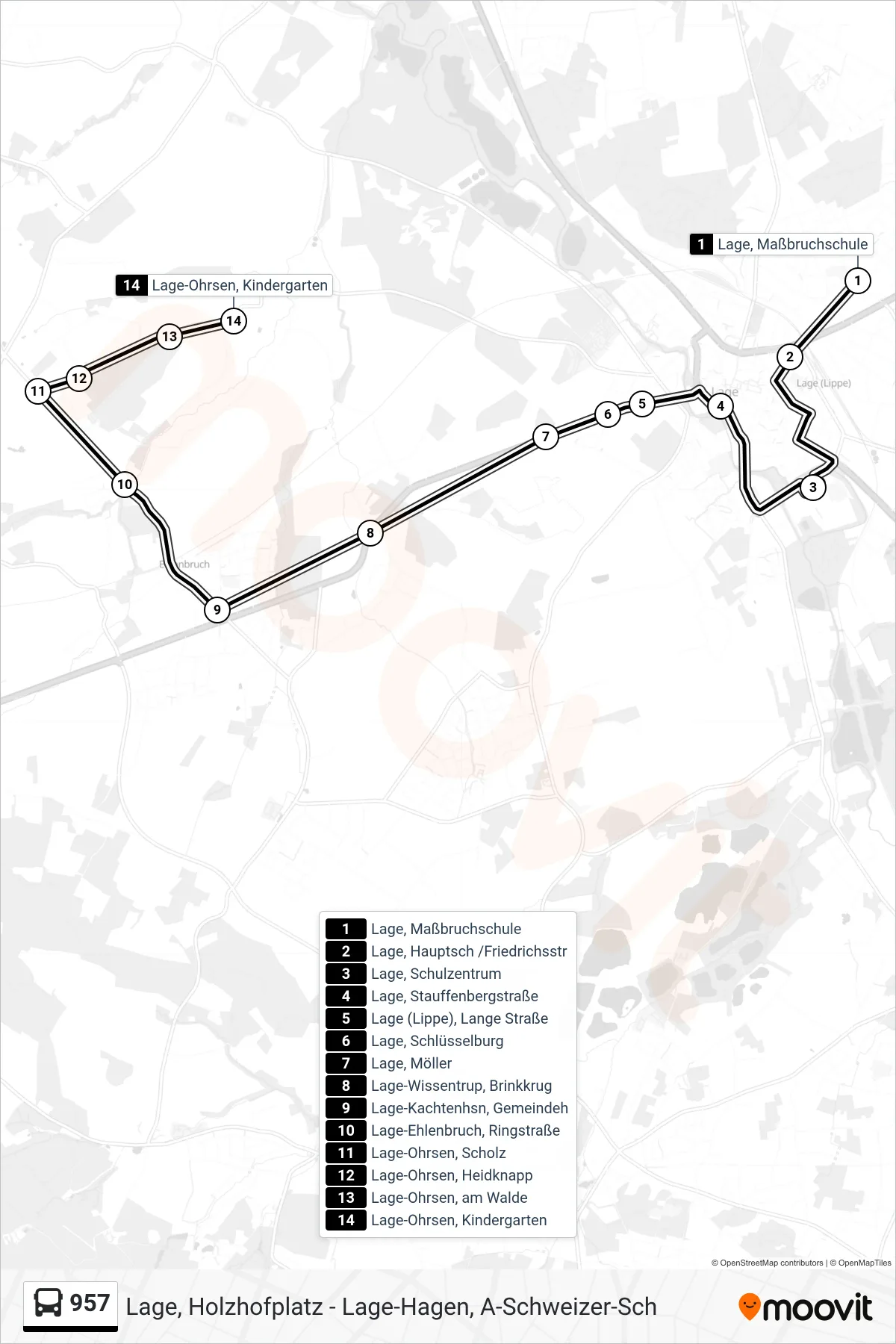 Linie 957 (Bus) Richtung Lage-Ohrsen, Kindergarten: Route und Haltestellen auf der Karte