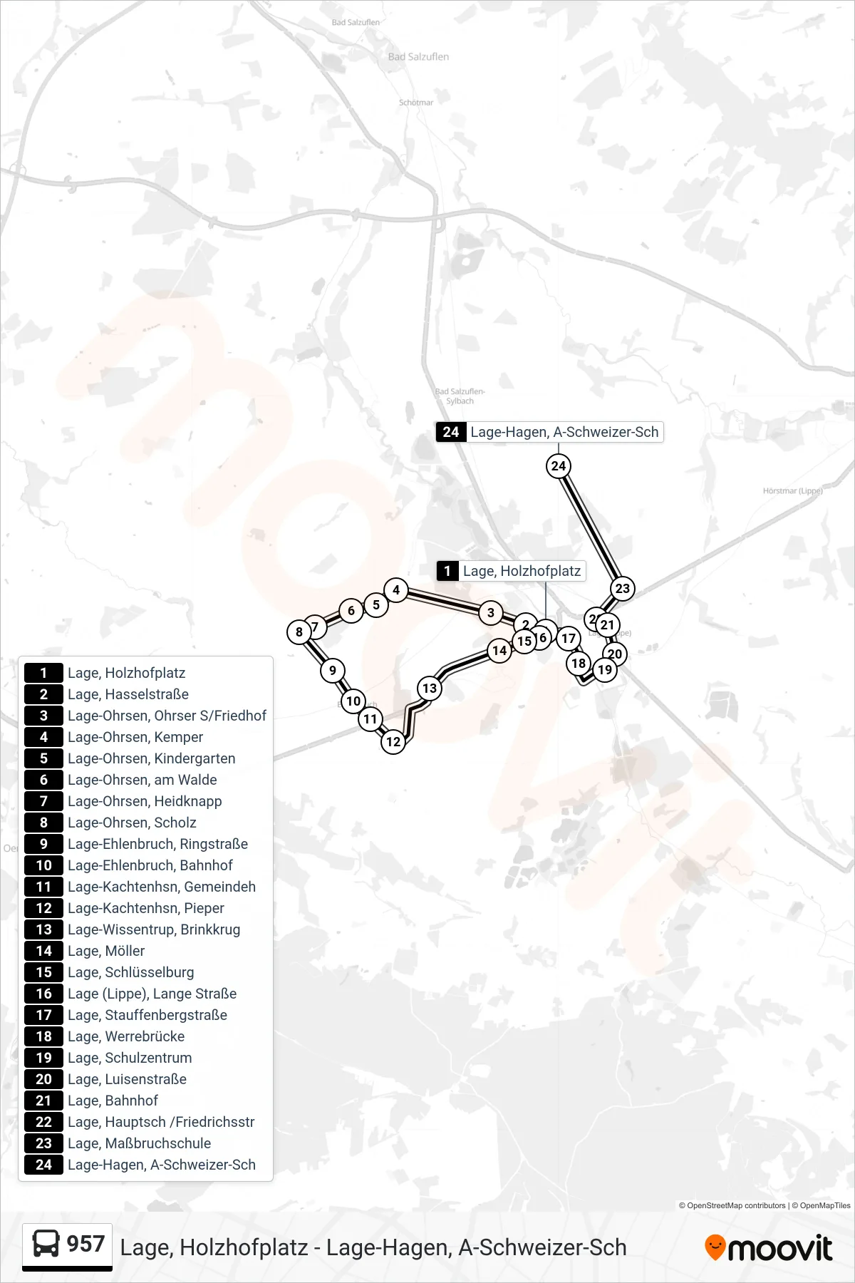 Linie 957 (Bus) Richtung Lage-Hagen, A-Schweizer-Sch: Route und Haltestellen auf der Karte