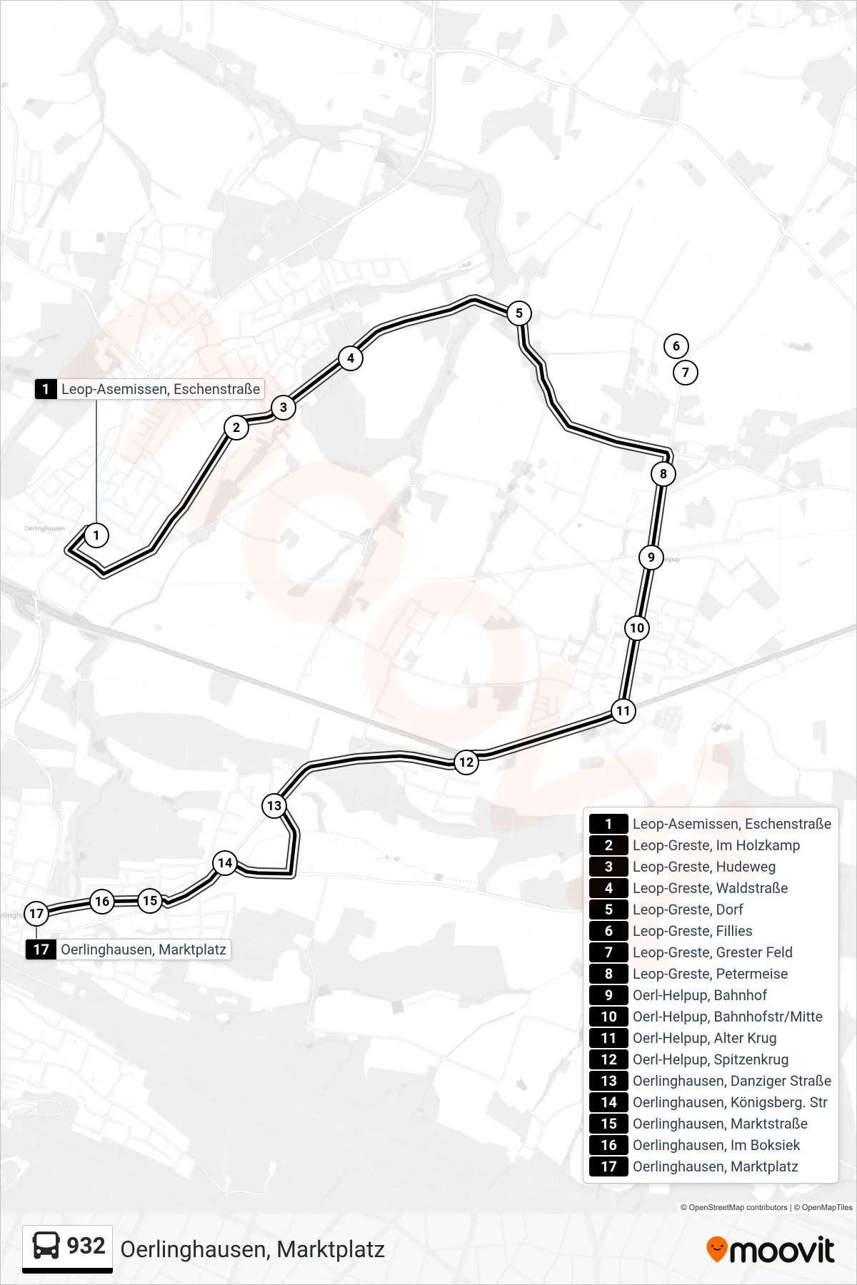 Linie 932 (Bus) Richtung Oerlinghausen, Marktplatz: Route und Haltestellen auf der Karte