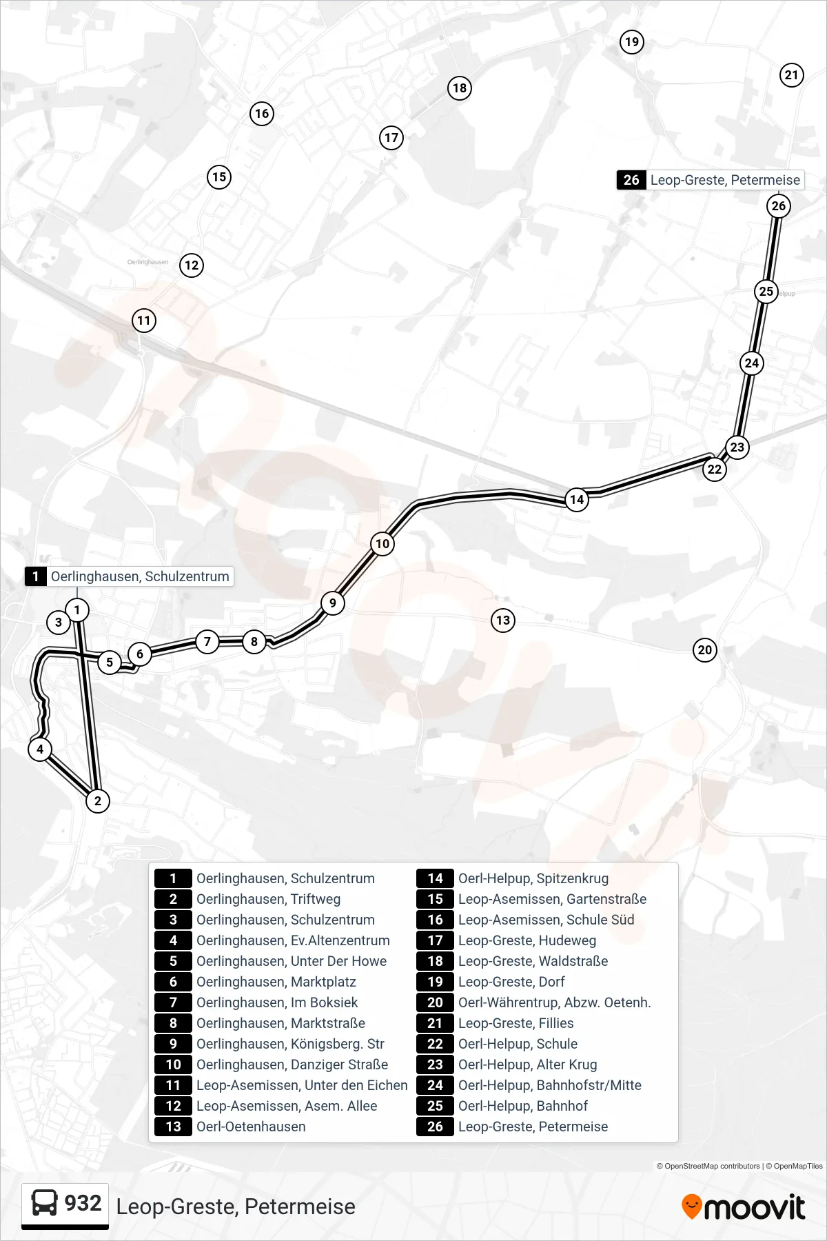 Linie 932 (Bus) Richtung Leop-Greste, Petermeise: Route und Haltestellen auf der Karte
