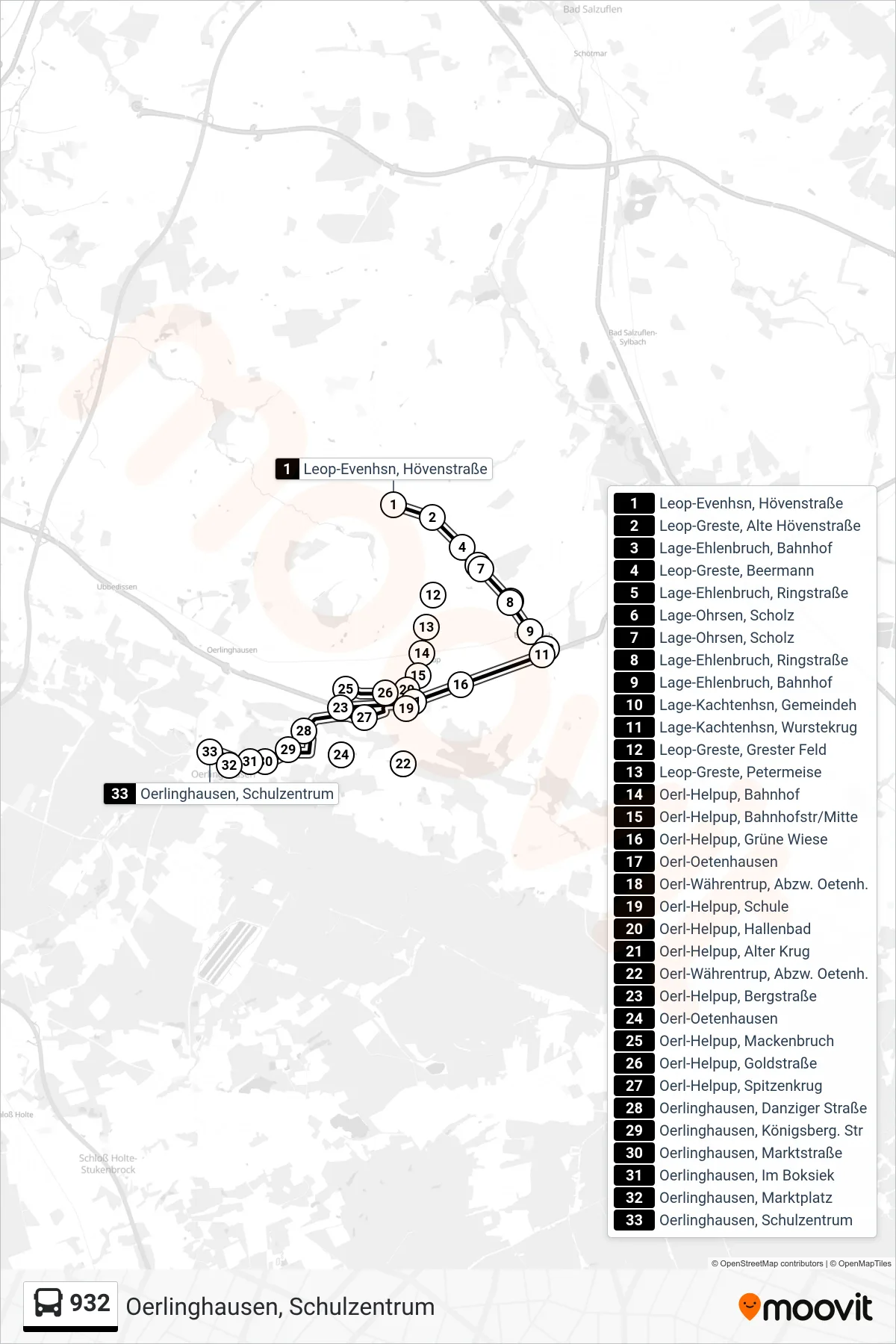 Linie 932 (Bus) Richtung Oerlinghausen, Schulzentrum: Route und Haltestellen auf der Karte