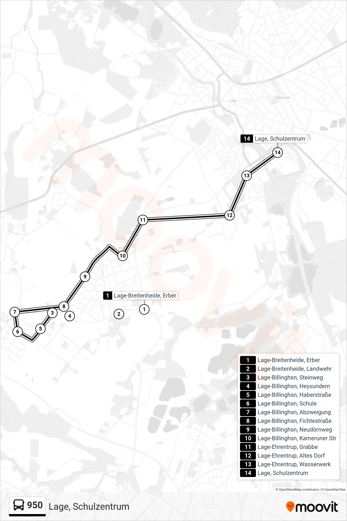 Linie 950 (Bus) Richtung Lage, Schulzentrum: Route und Haltestellen auf der Karte