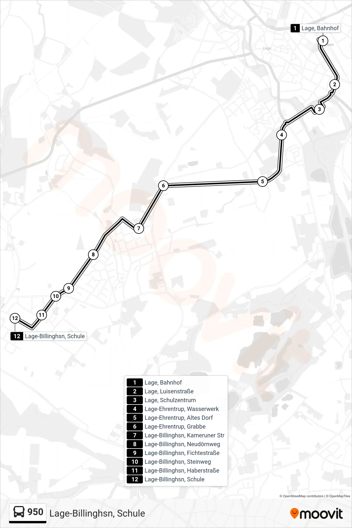 Linie 950 (Bus) Richtung Lage-Billinghsn, Schule: Route und Haltestellen auf der Karte