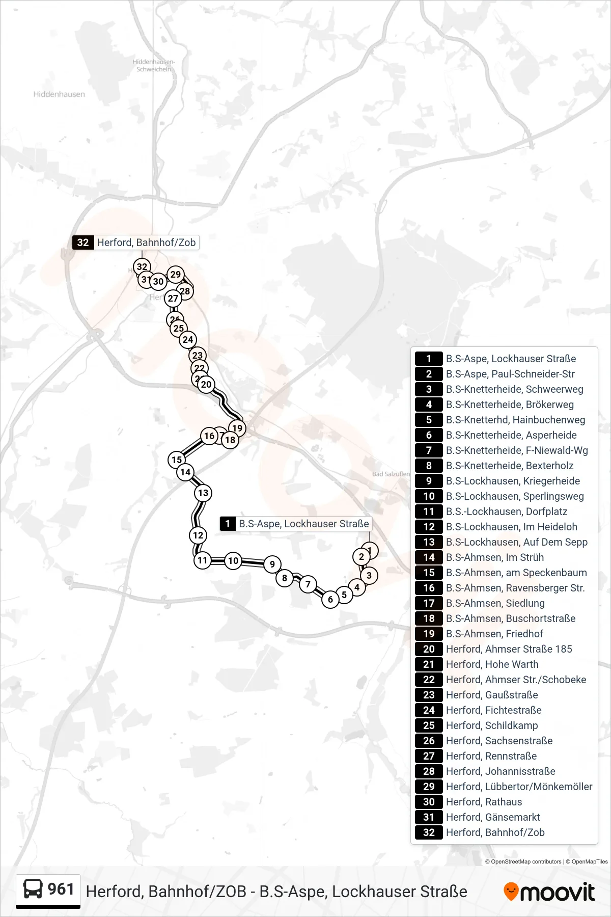 961 bus Line (Herford, Bahnhof/Zob) route and stops on a map
