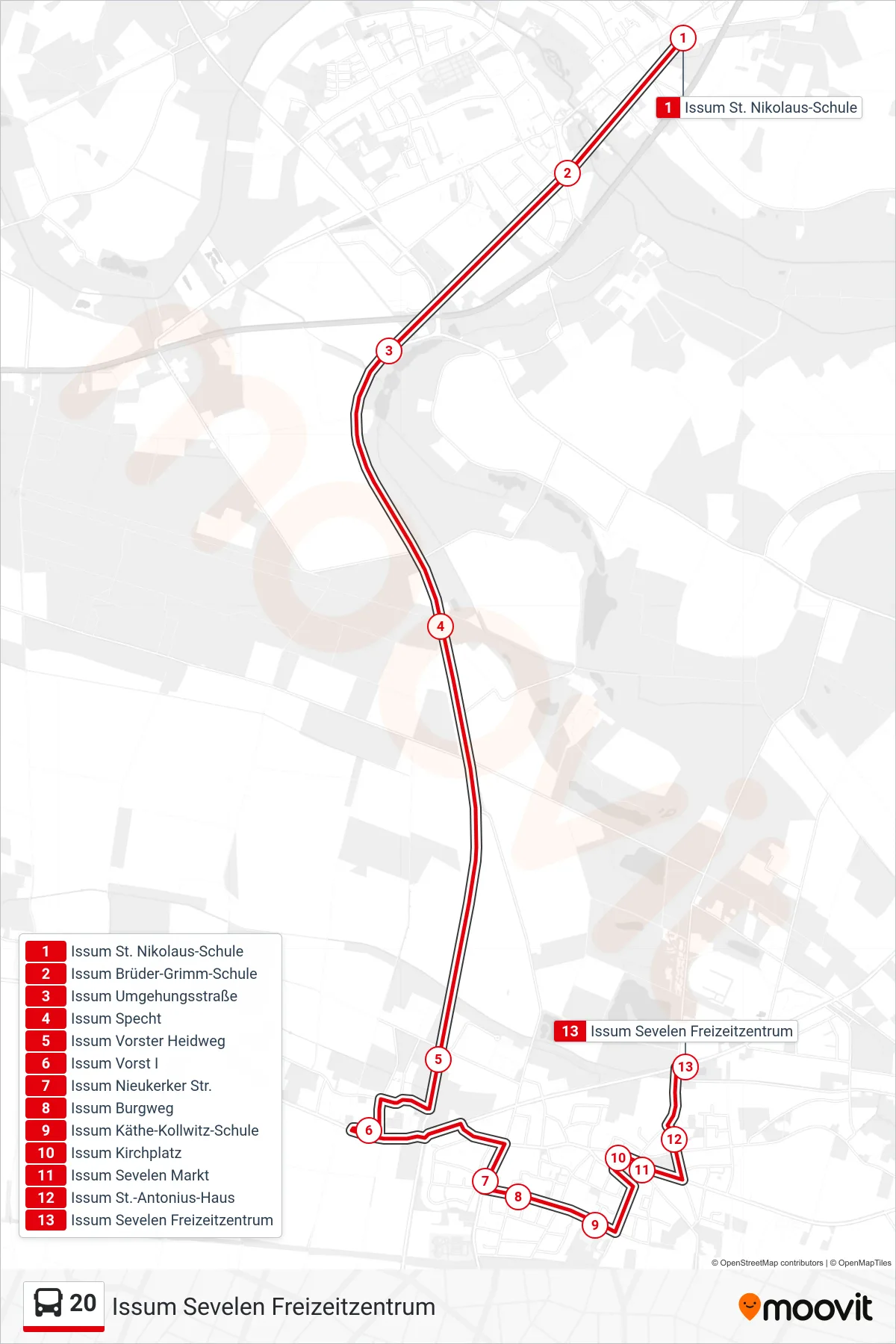 Linie 20 (Bus) Richtung Issum Sevelen Freizeitzentrum: Route und Haltestellen auf der Karte