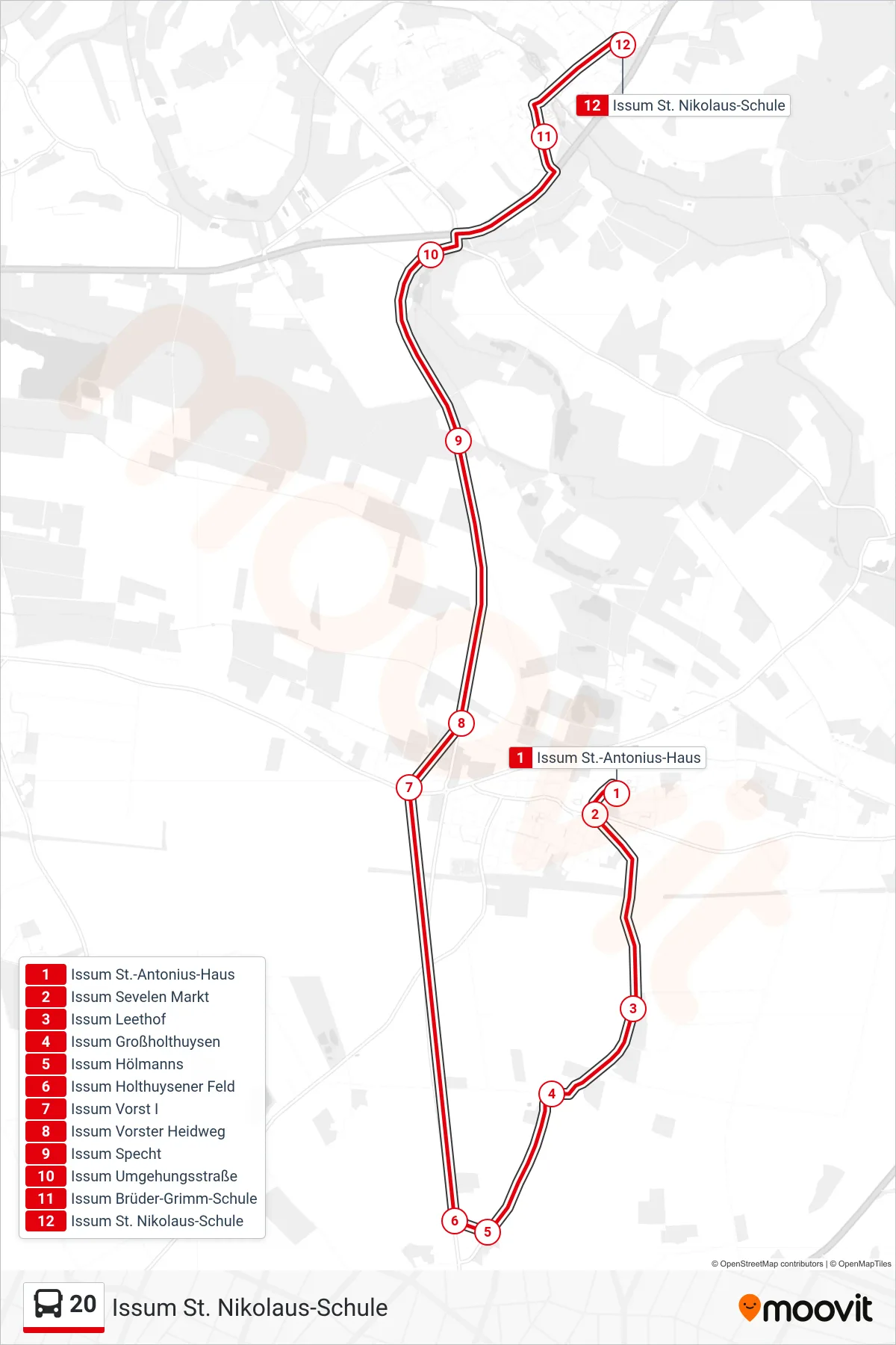 Linie 20 (Bus) Richtung Issum St. Nikolaus-Schule: Route und Haltestellen auf der Karte