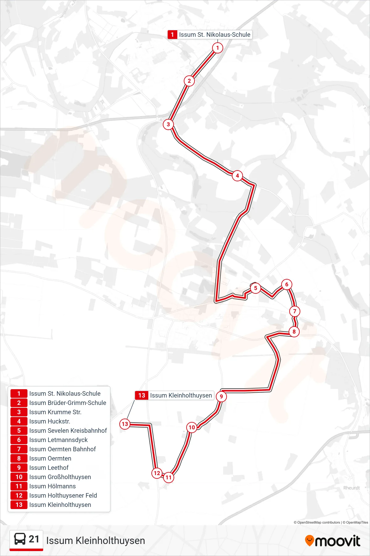 Linie 21 (Bus) Richtung Issum Kleinholthuysen: Route und Haltestellen auf der Karte