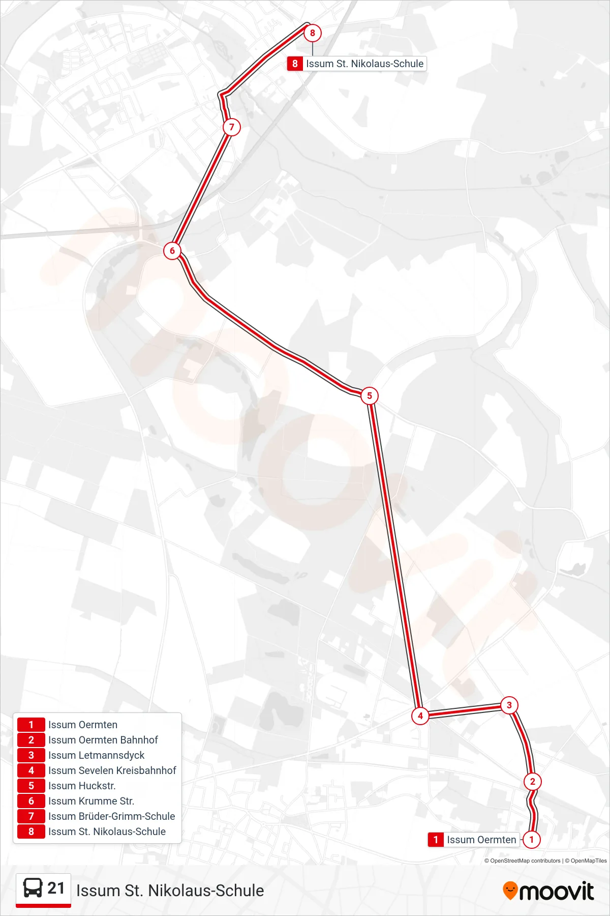 21 bus Line (Issum St. Nikolaus-Schule) route and stops on a map