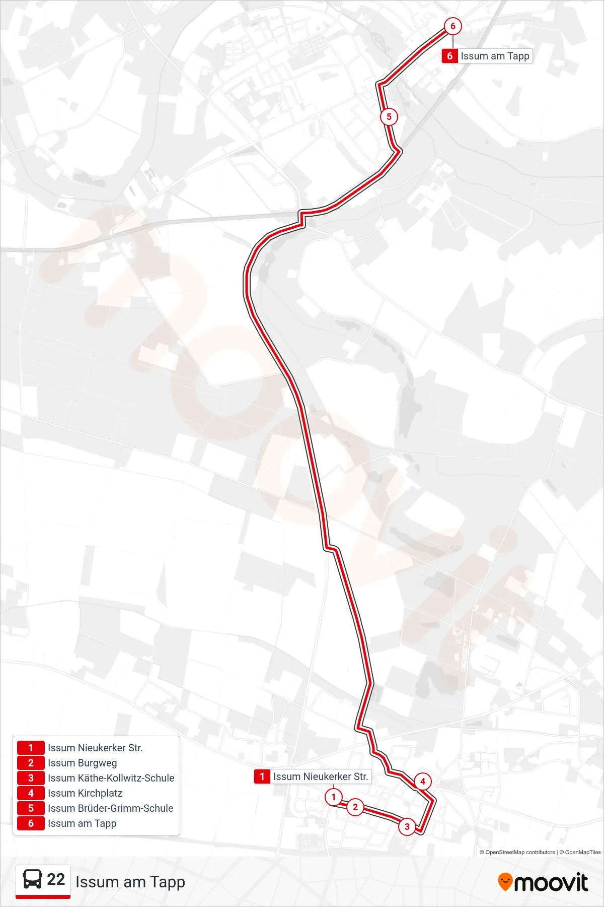 Linie 22 (Bus) Richtung Issum am Tapp: Route und Haltestellen auf der Karte