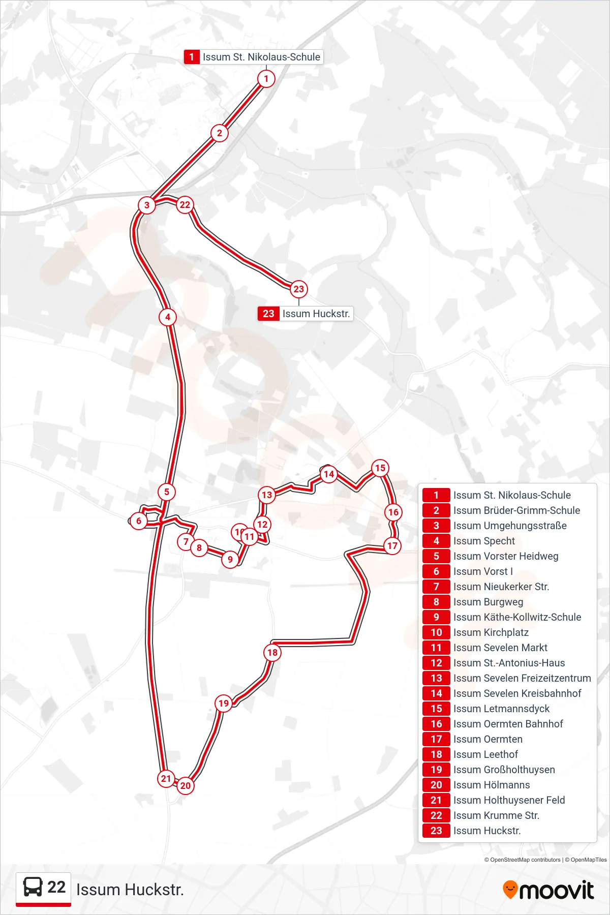 Linie 22 (Bus) Richtung Issum Huckstr.: Route und Haltestellen auf der Karte