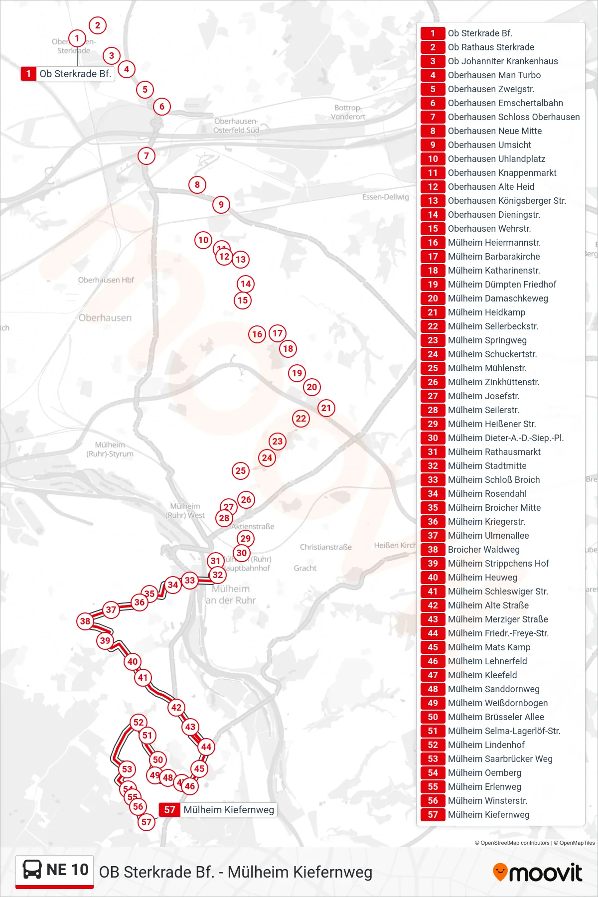 NE 10 bus Line (Mülheim Kiefernweg) route and stops on a map