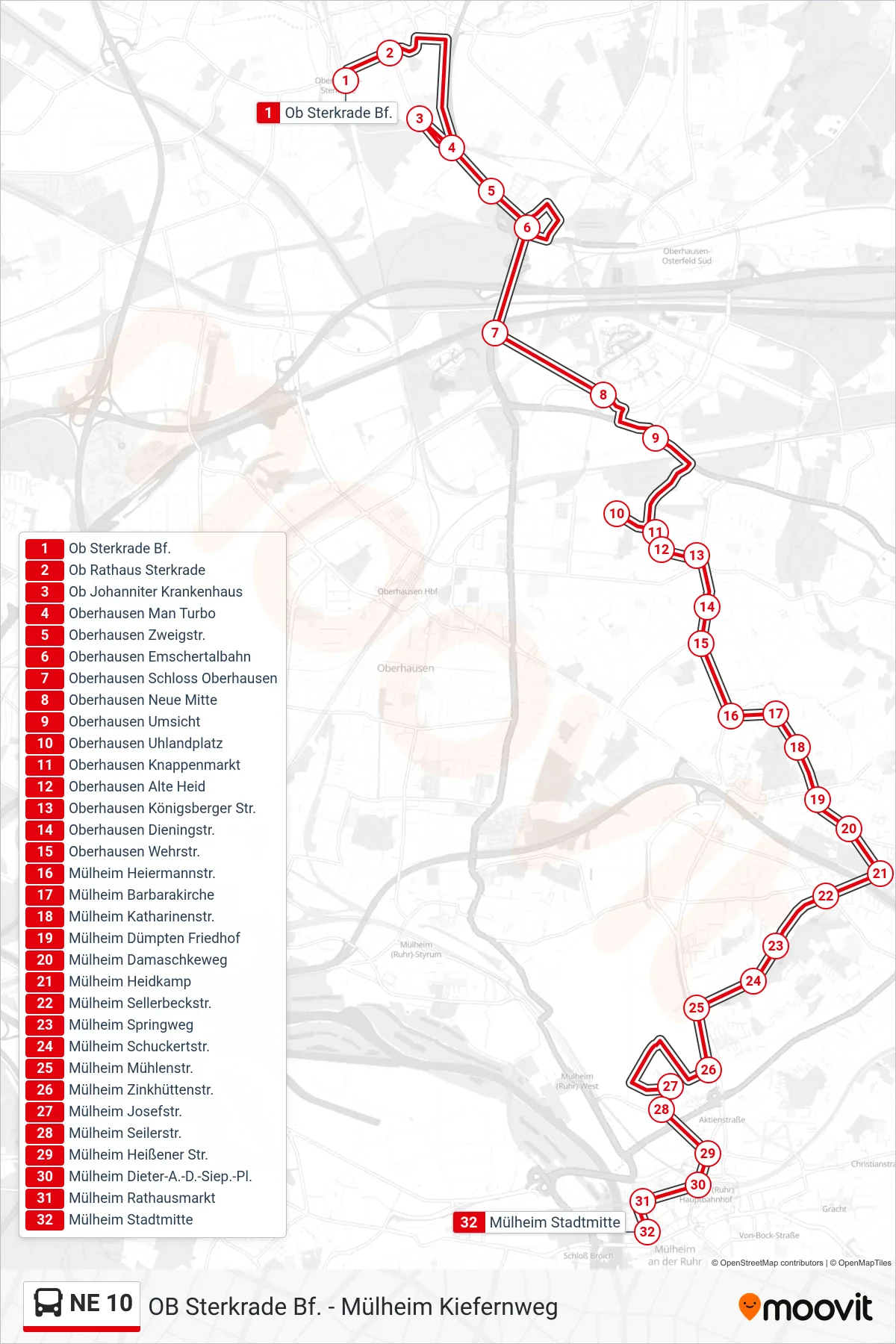 Linie NE 10 (Bus) Richtung Mülheim Stadtmitte: Route und Haltestellen auf der Karte