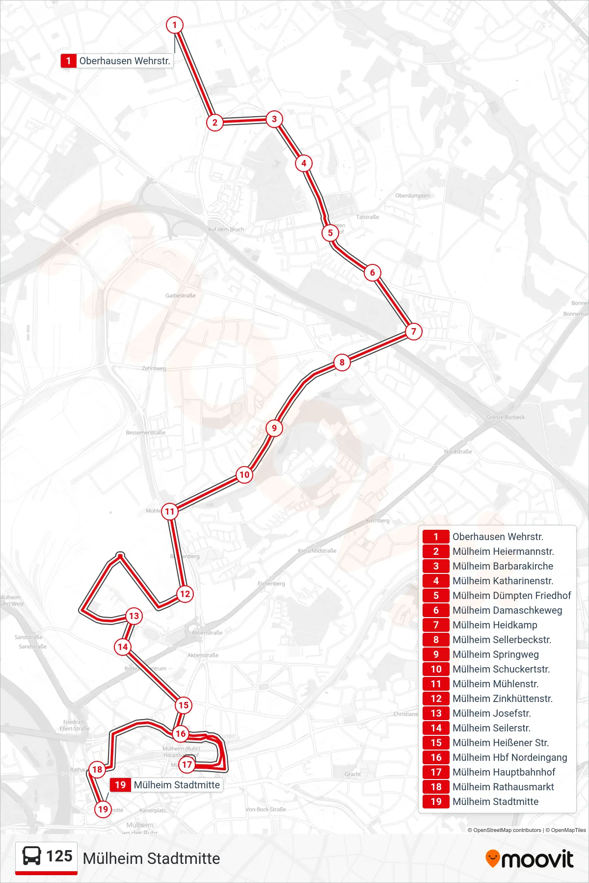 125 bus Line (Mülheim Stadtmitte) route and stops on a map