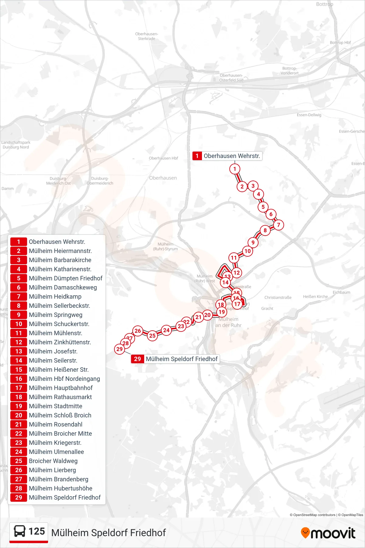 125 bus Line (Mülheim Speldorf Friedhof) route and stops on a map
