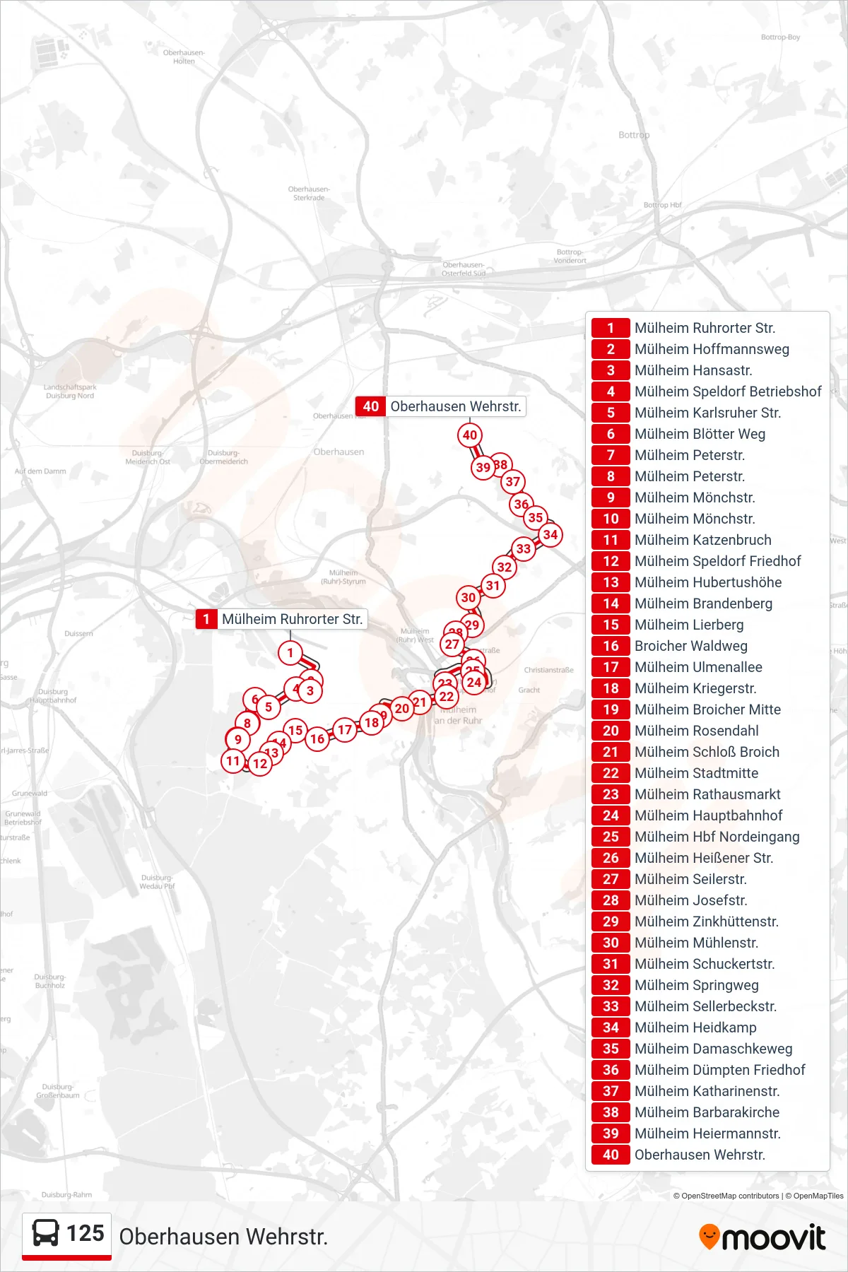 125 bus Line (Oberhausen Wehrstr.) route and stops on a map