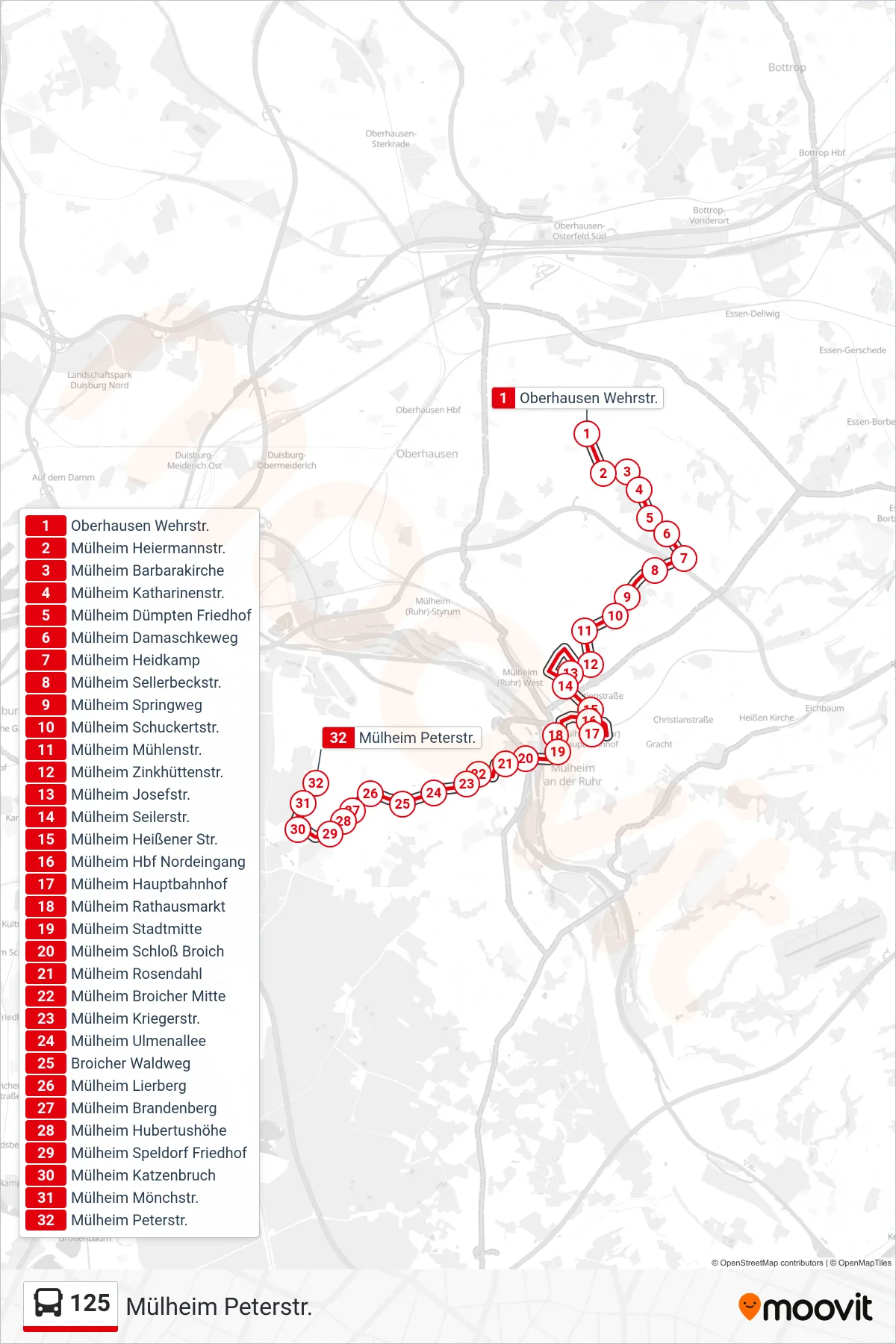Linie 125 (Bus) Richtung Mülheim Peterstr.: Route und Haltestellen auf der Karte
