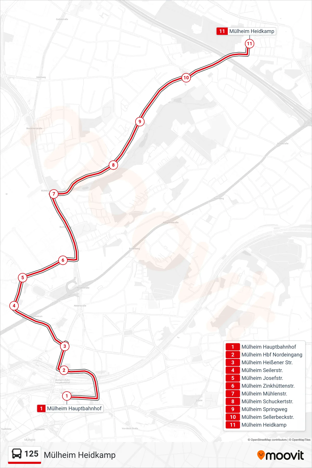 Linie 125 (Bus) Richtung Mülheim Heidkamp: Route und Haltestellen auf der Karte
