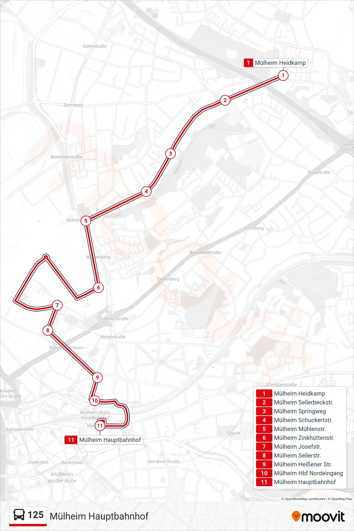 125 bus Line (Mülheim Hauptbahnhof) route and stops on a map