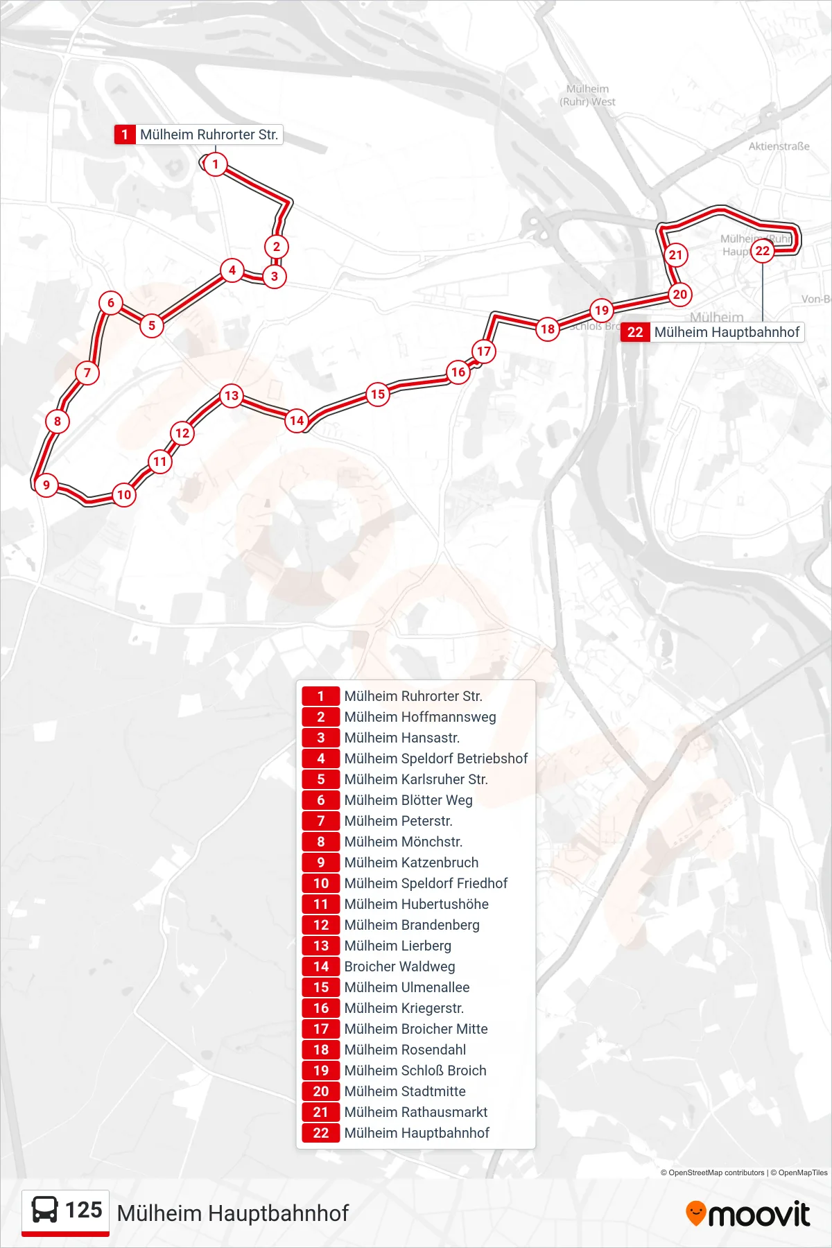 125 bus Line (Mülheim Hauptbahnhof) route and stops on a map