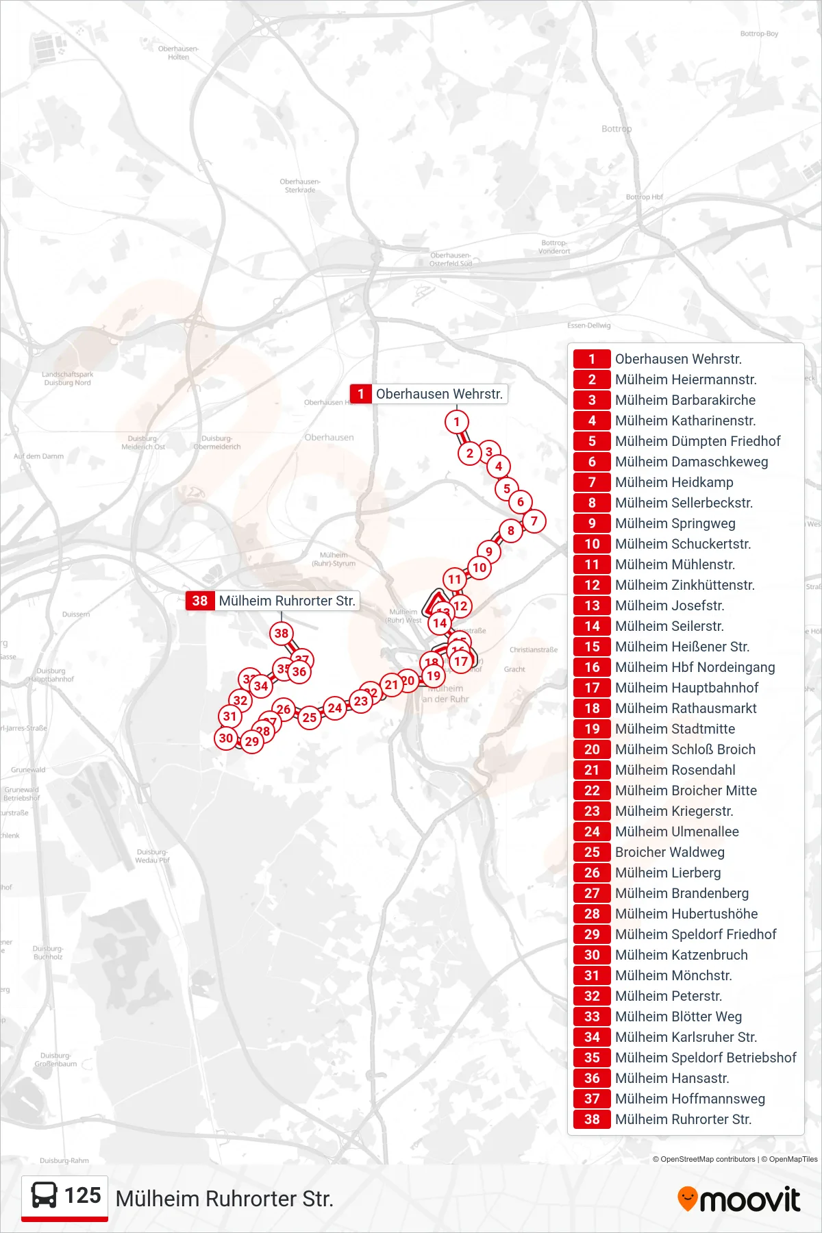 125 bus Line (Mülheim Ruhrorter Str.) route and stops on a map