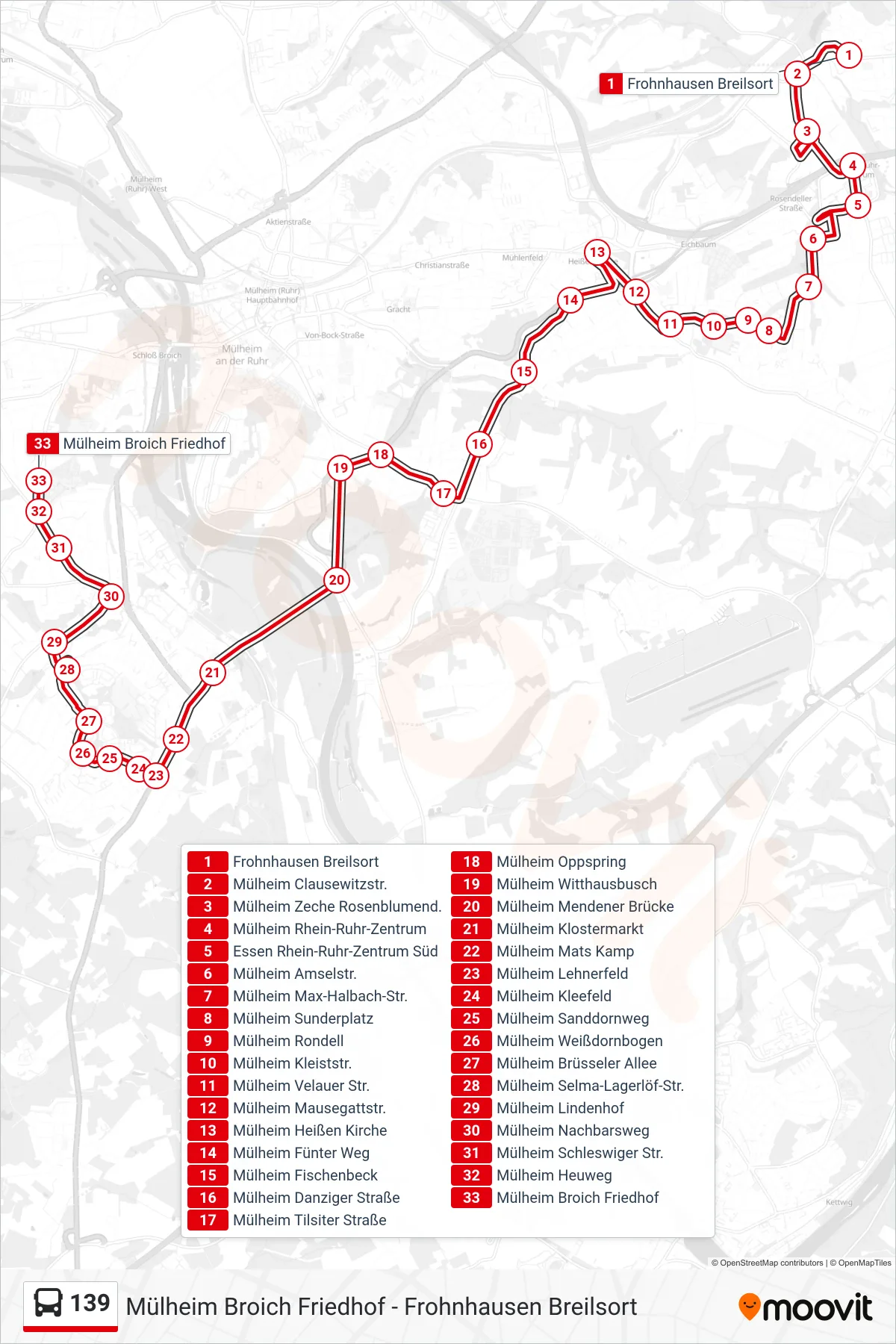 139 bus Line (Mülheim Broich Friedhof) route and stops on a map